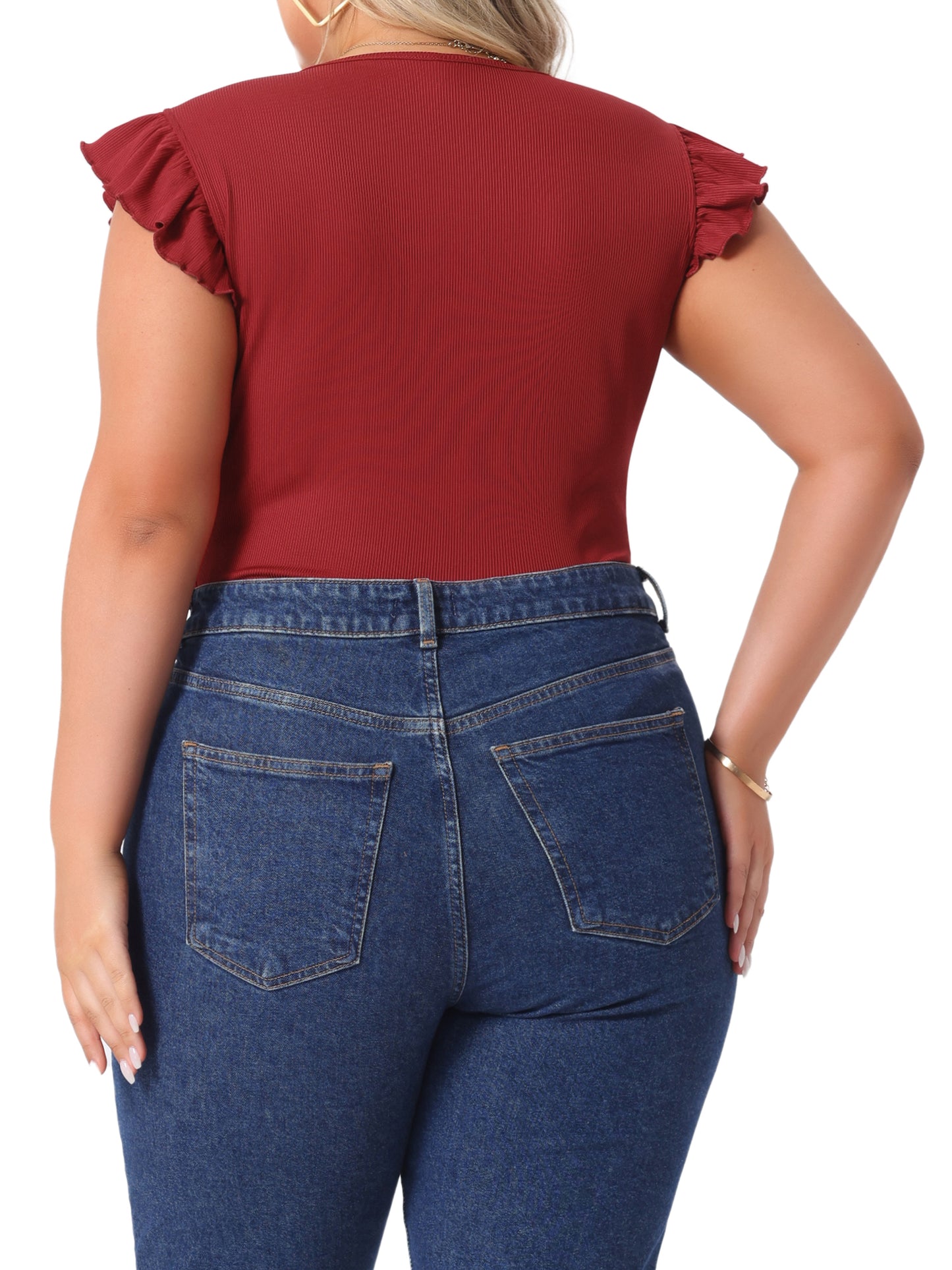 Body de talla grande para mujer, cuello redondo, volantes, sin mangas, ajustado, informal, básico, elástico