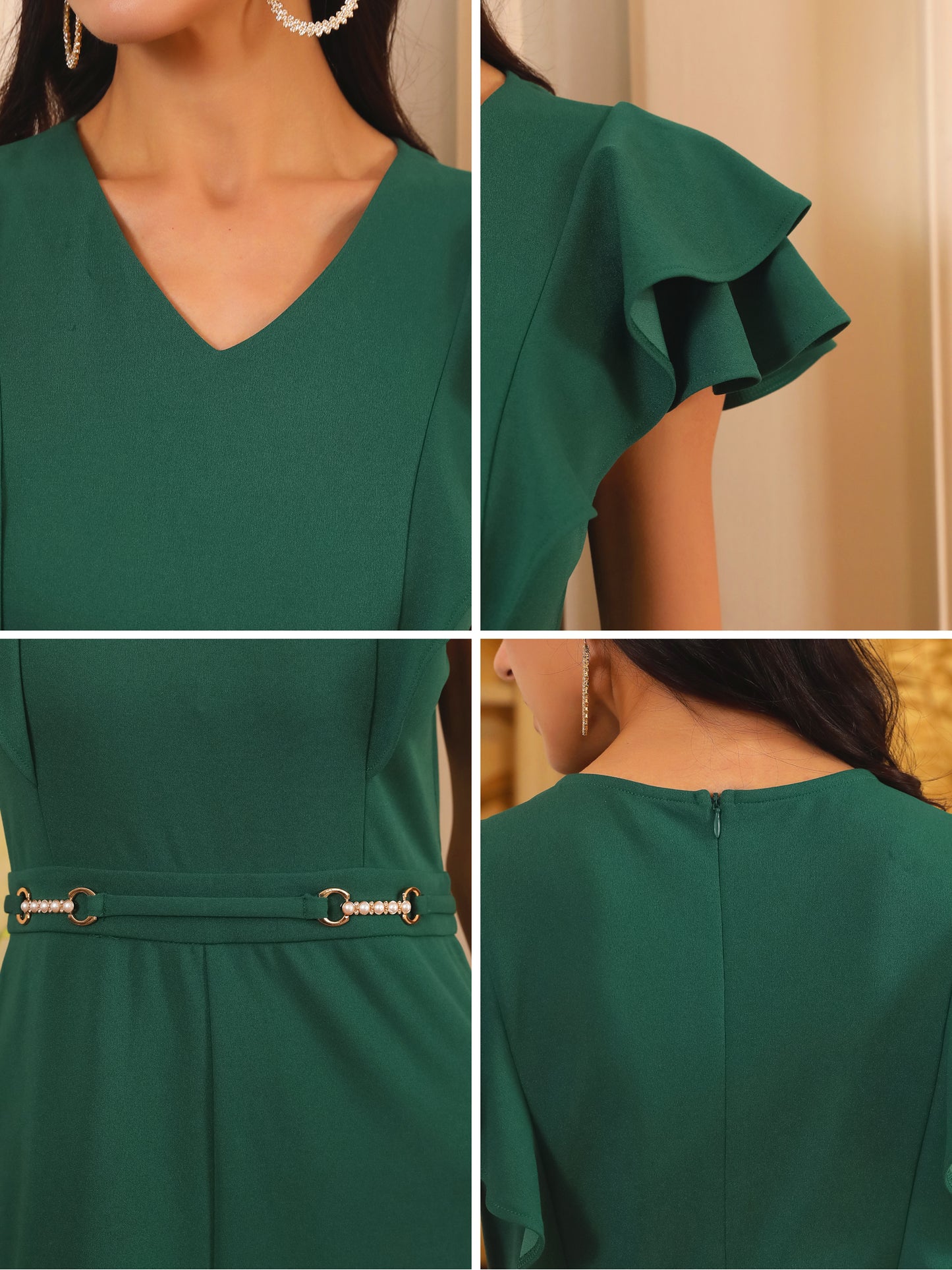 Monos formales para mujer con mangas con volantes, cintura alta, cuello en V, elegantes, pantalones largos y anchos.