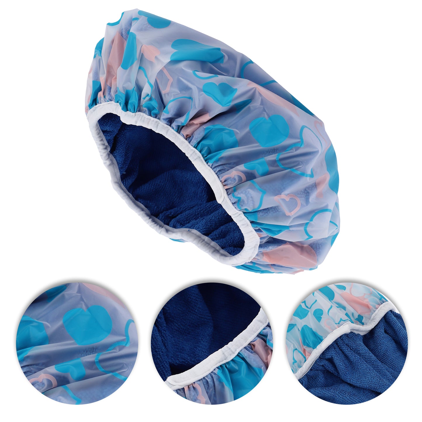 1 Pc Women's Heart Pattern Reusable Shower Cap for Home Blue