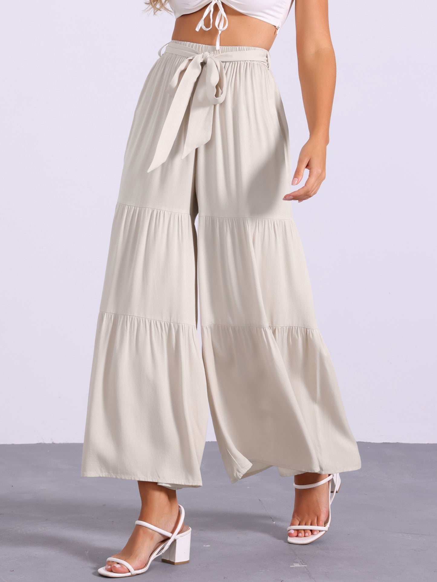 Women's Boho Elastic High Waisted Ruffles Flare Palazzo Wide Leg Pants
