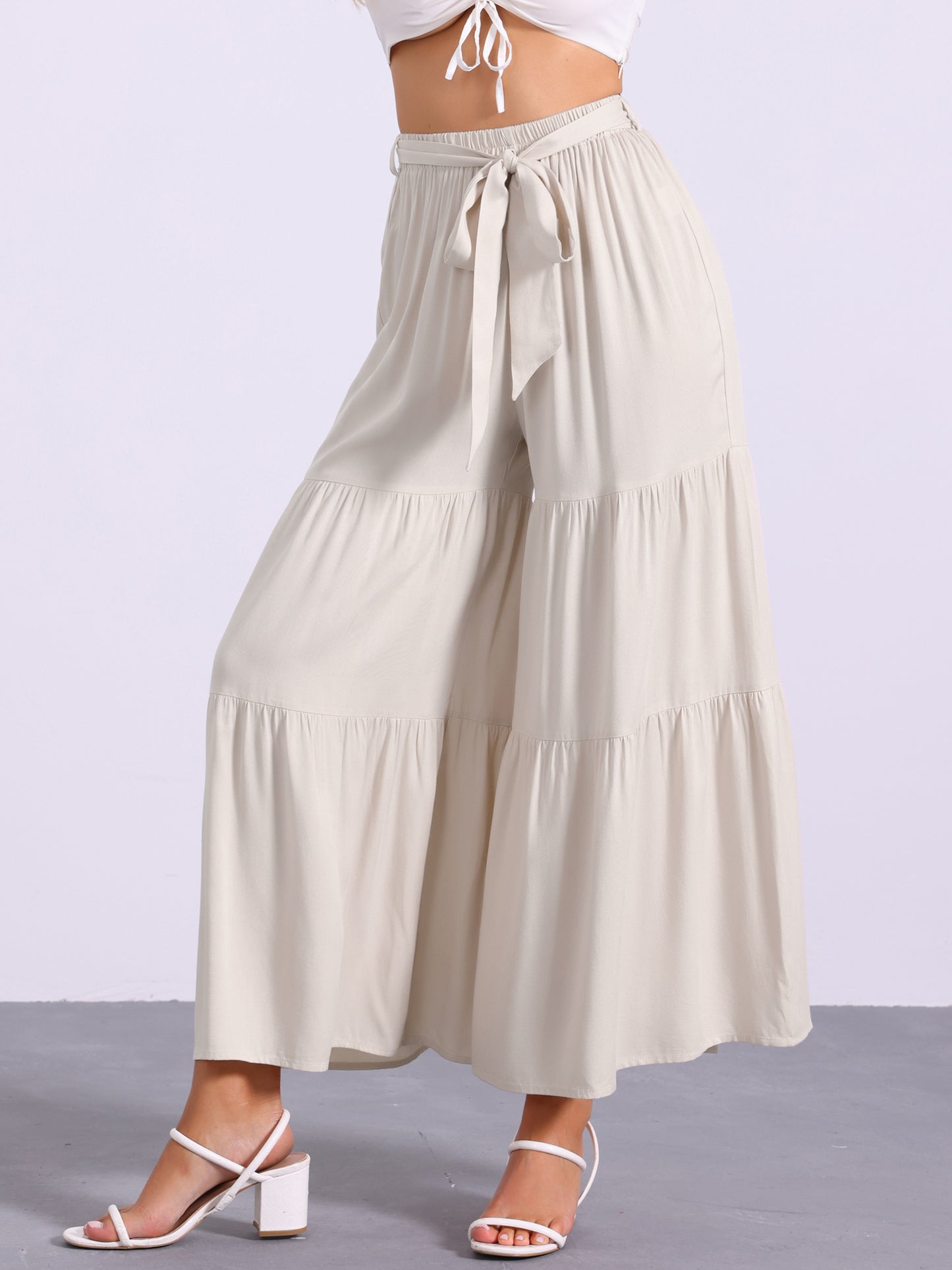 Women's Boho Elastic High Waisted Ruffles Flare Palazzo Wide Leg Pants