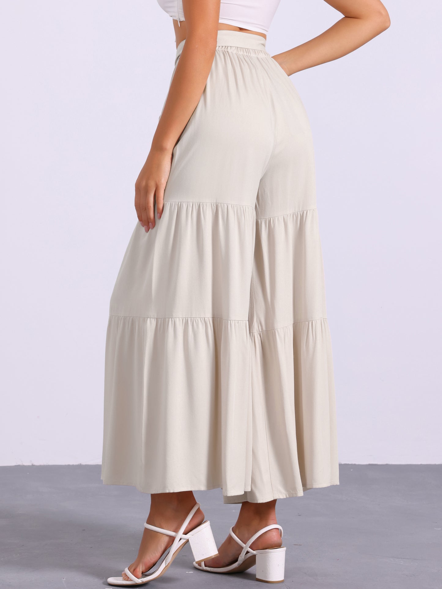 Women's Boho Elastic High Waisted Ruffles Flare Palazzo Wide Leg Pants