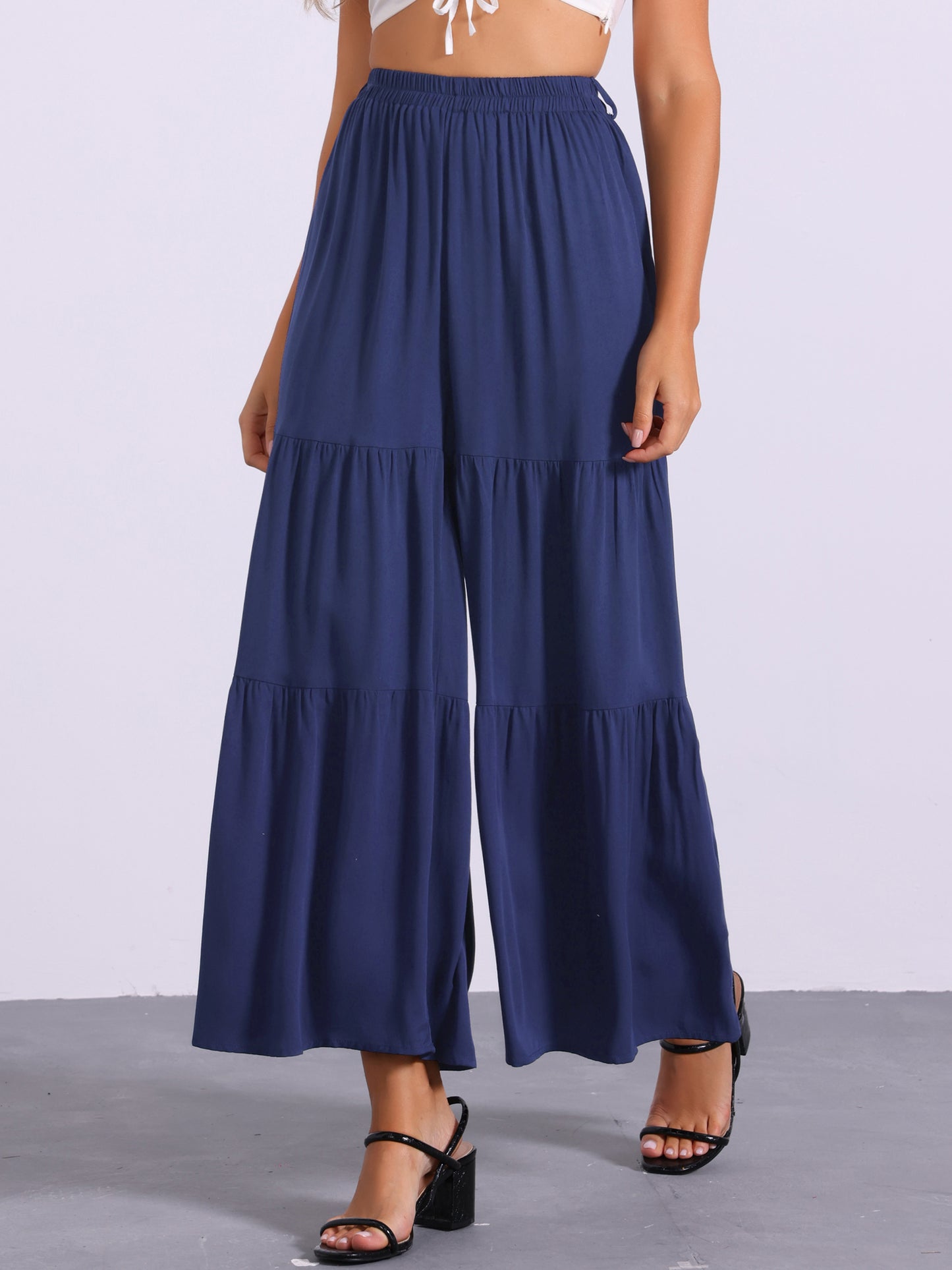 Women's Boho Elastic High Waisted Ruffles Flare Palazzo Wide Leg Pants