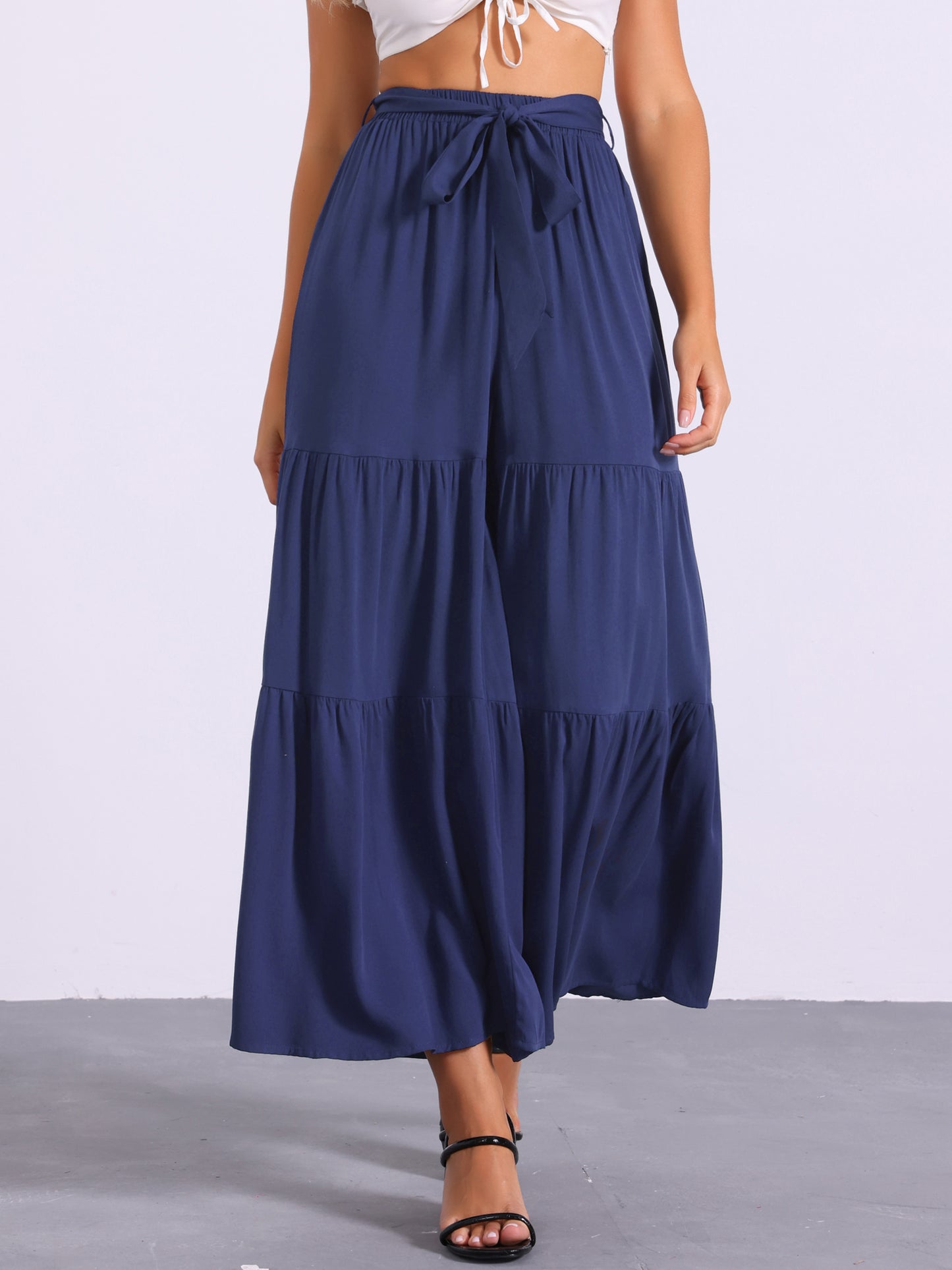 Women's Boho Elastic High Waisted Ruffles Flare Palazzo Wide Leg Pants