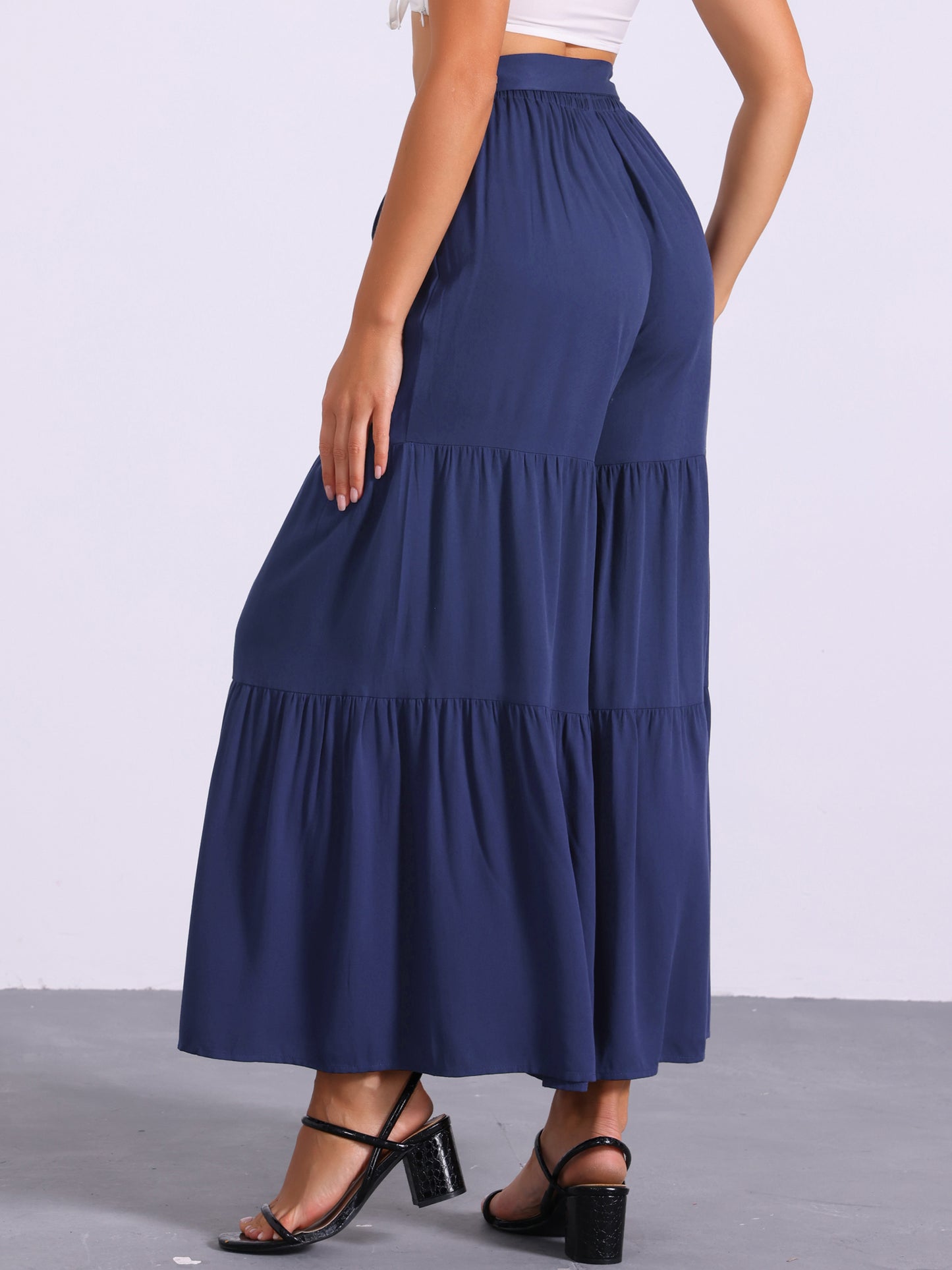 Women's Boho Elastic High Waisted Ruffles Flare Palazzo Wide Leg Pants