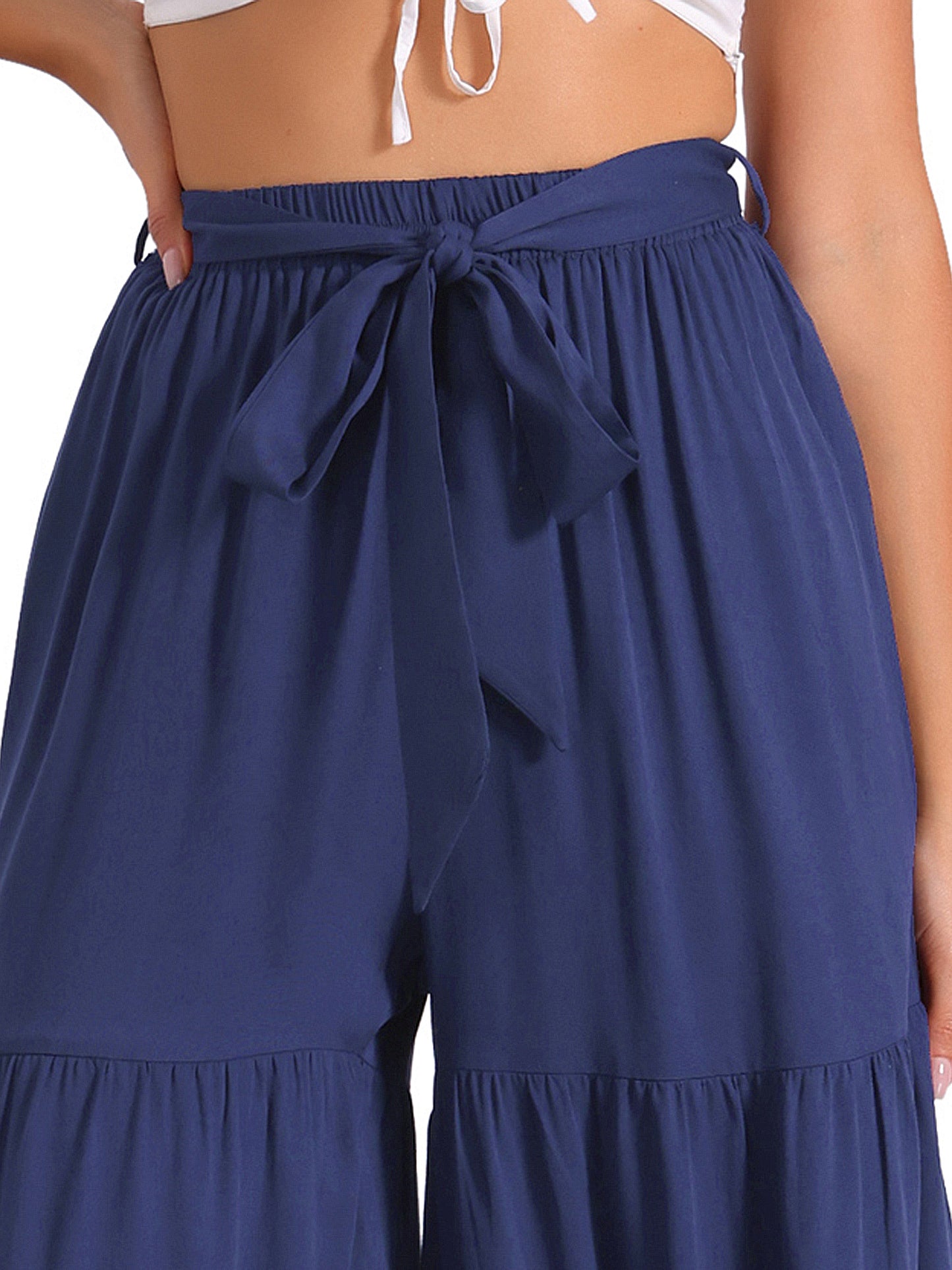 Women's Boho Elastic High Waisted Ruffles Flare Palazzo Wide Leg Pants