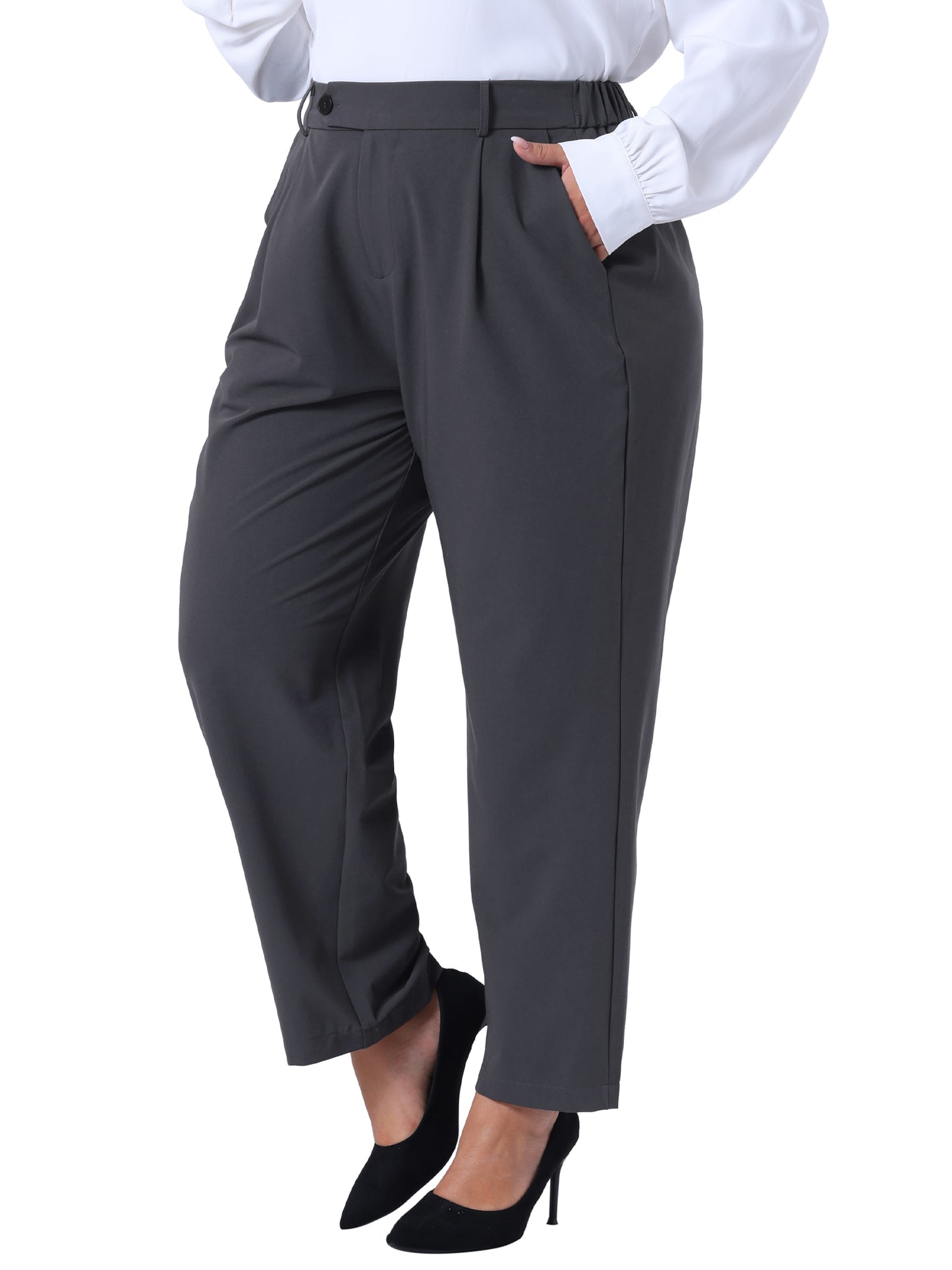 Women Plus Size Pants Elastic High Waisted Long Straight Business Casual Work Pants Trousers with Pockets