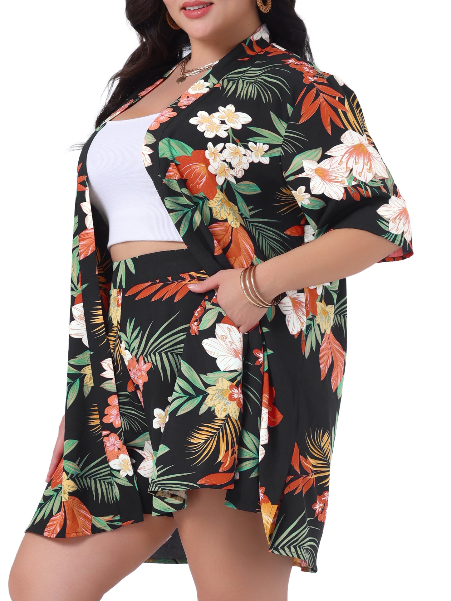 Women Plus Size 2 Piece Outfit Tropical Print Kimono Floral Top and Shorts Set