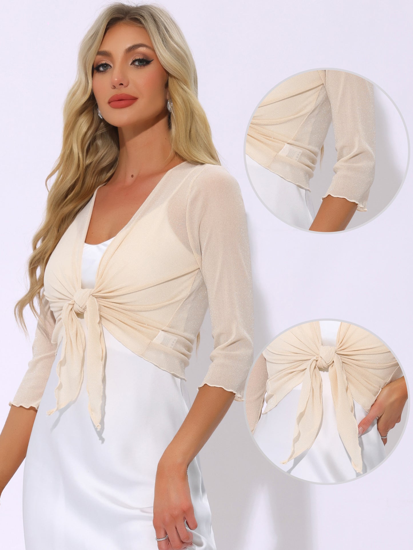 Women's Tie Front 3/4 Sleeve Glitter Cropped Sheer Mesh Bolero Shrug