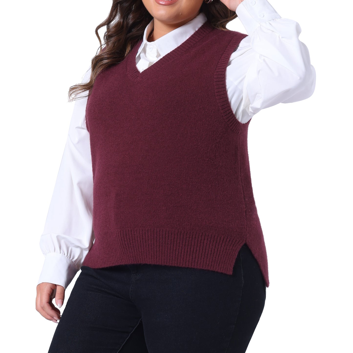 Women Plus Size Sweater Vest V Neck Knit Vests Solid Classic Sleeveless Pullover Sweaters Tops
