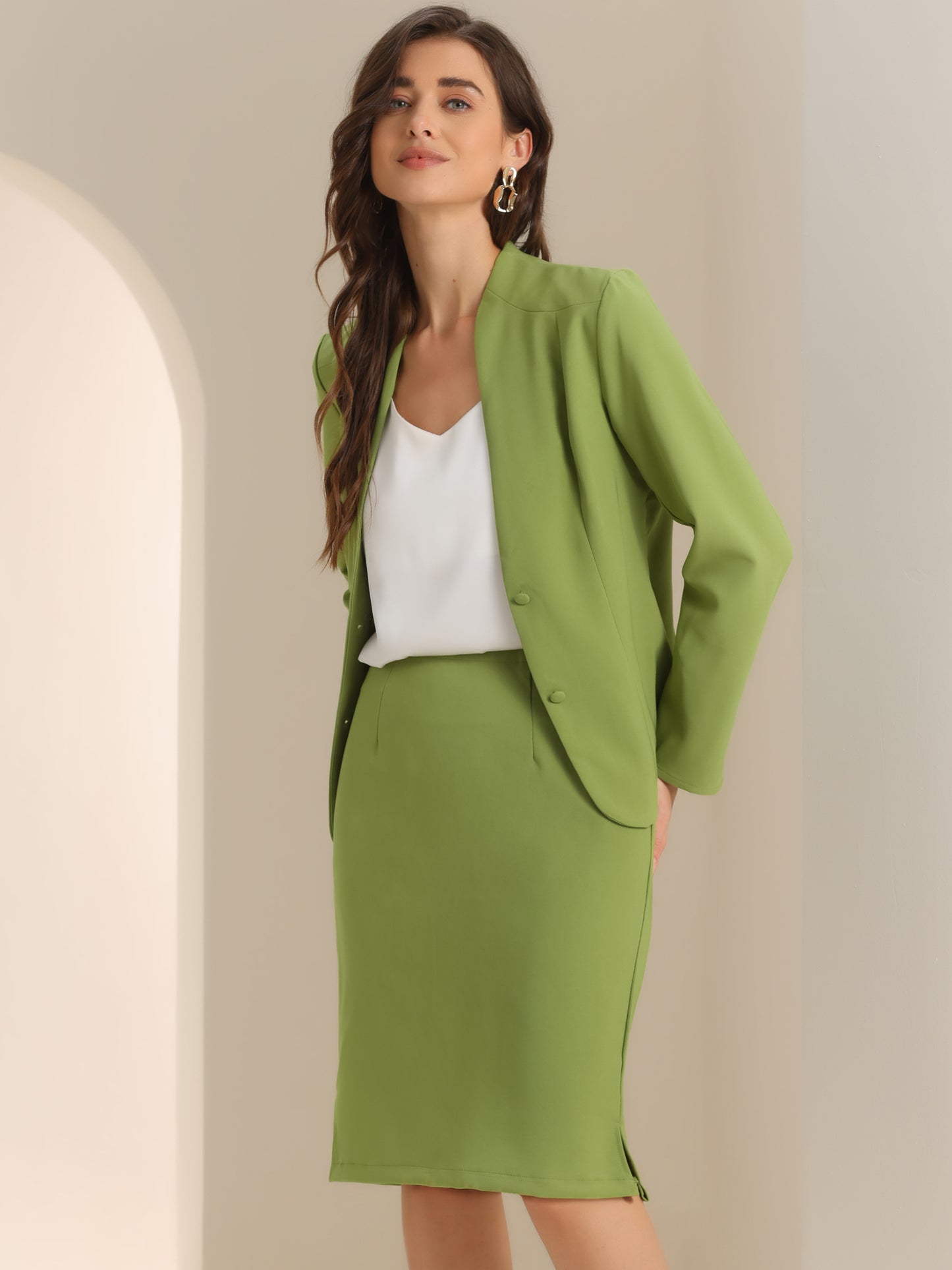 Women's 2 Piece Suit Skirt Set Business Formal Collarless Blazer and Pencil Skirt
