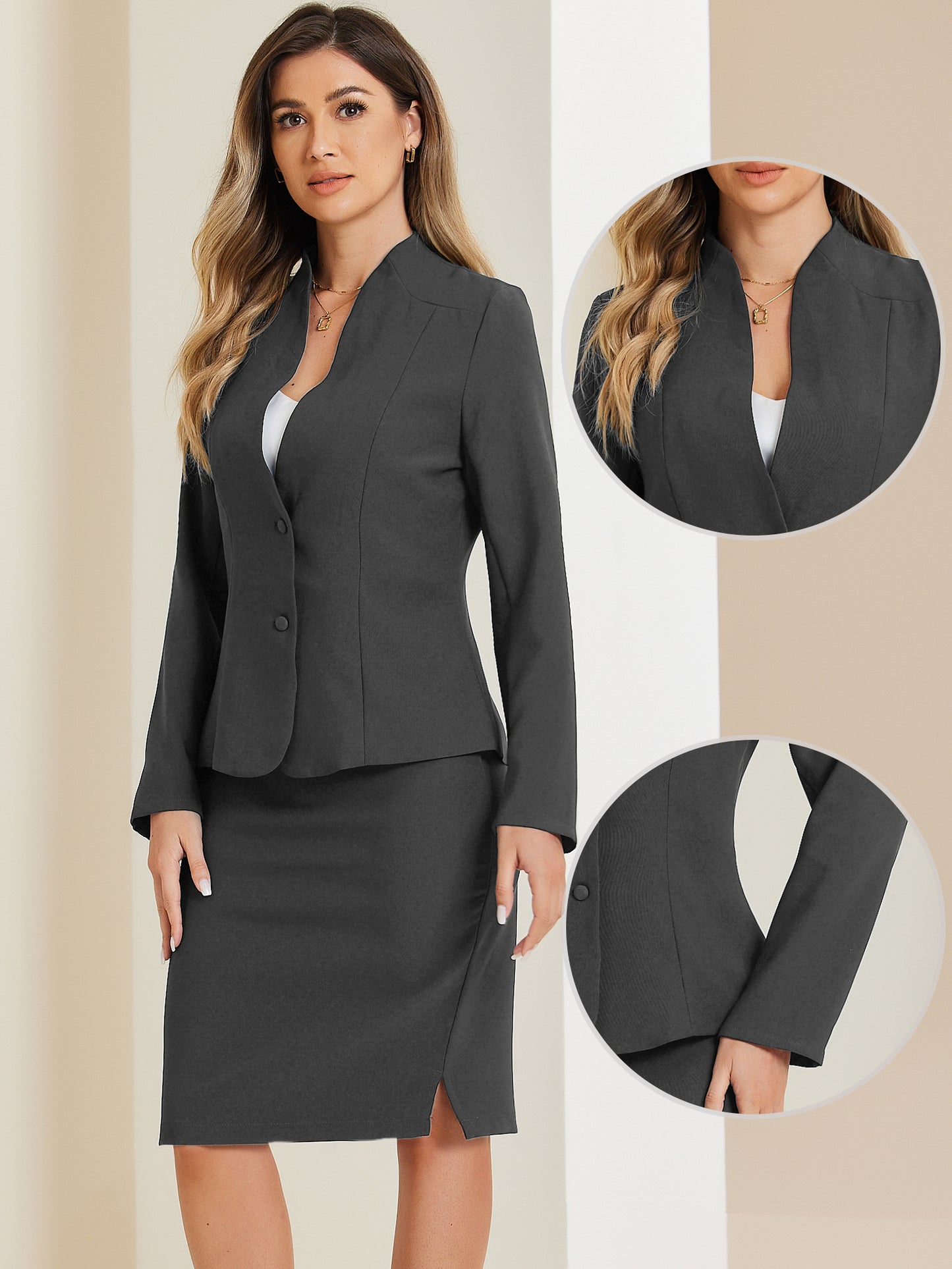 Women's 2 Piece Suit Skirt Set Business Formal Collarless Blazer and Pencil Skirt (Available in Plus Size)