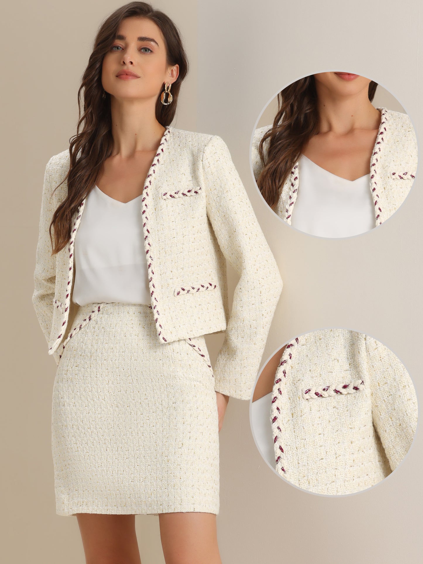 Women's Two Piece Business Tweed Collarless Blazer and Mini Skirt Set
