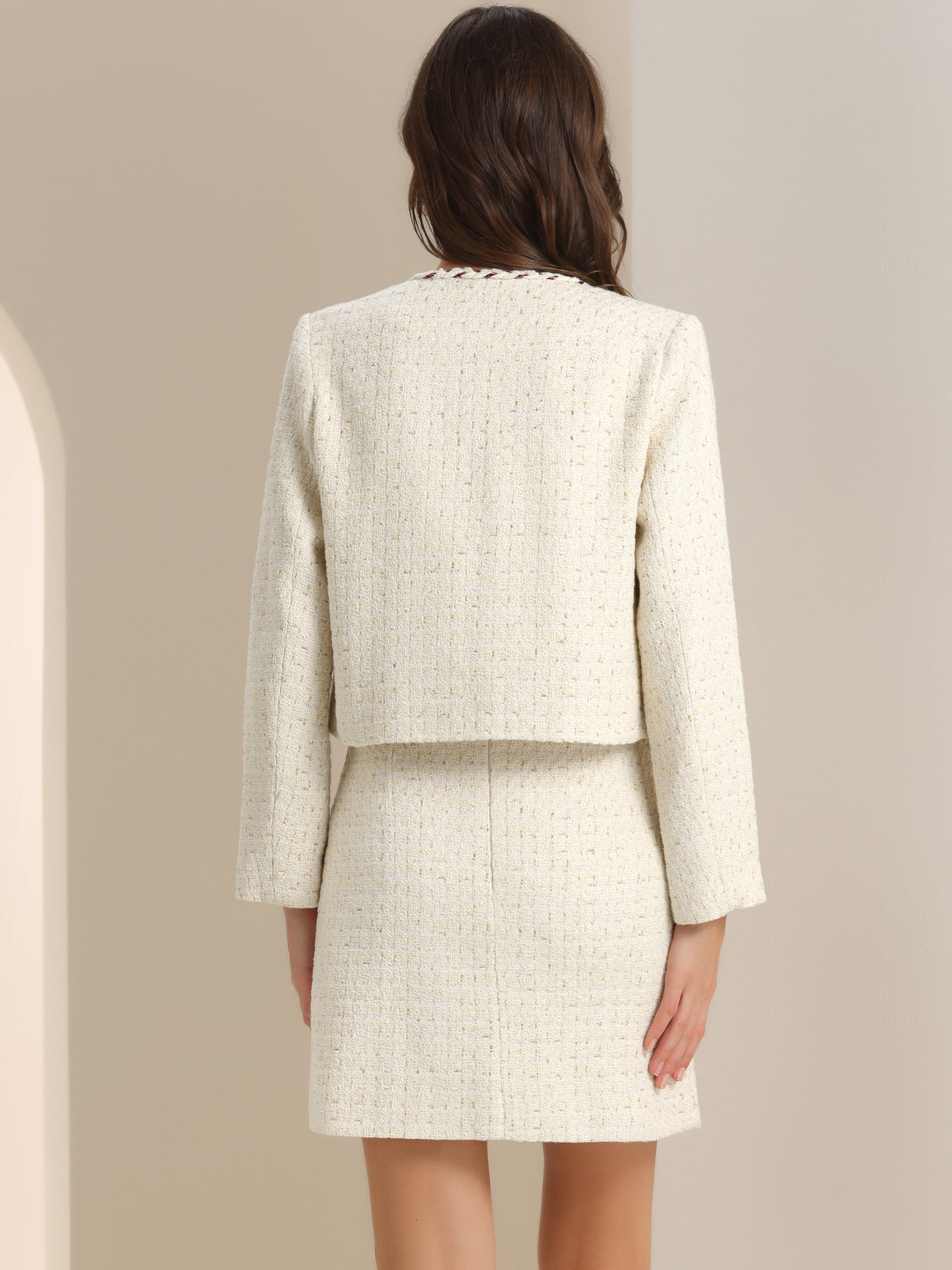 Women's Two Piece Business Tweed Collarless Blazer and Mini Skirt Set