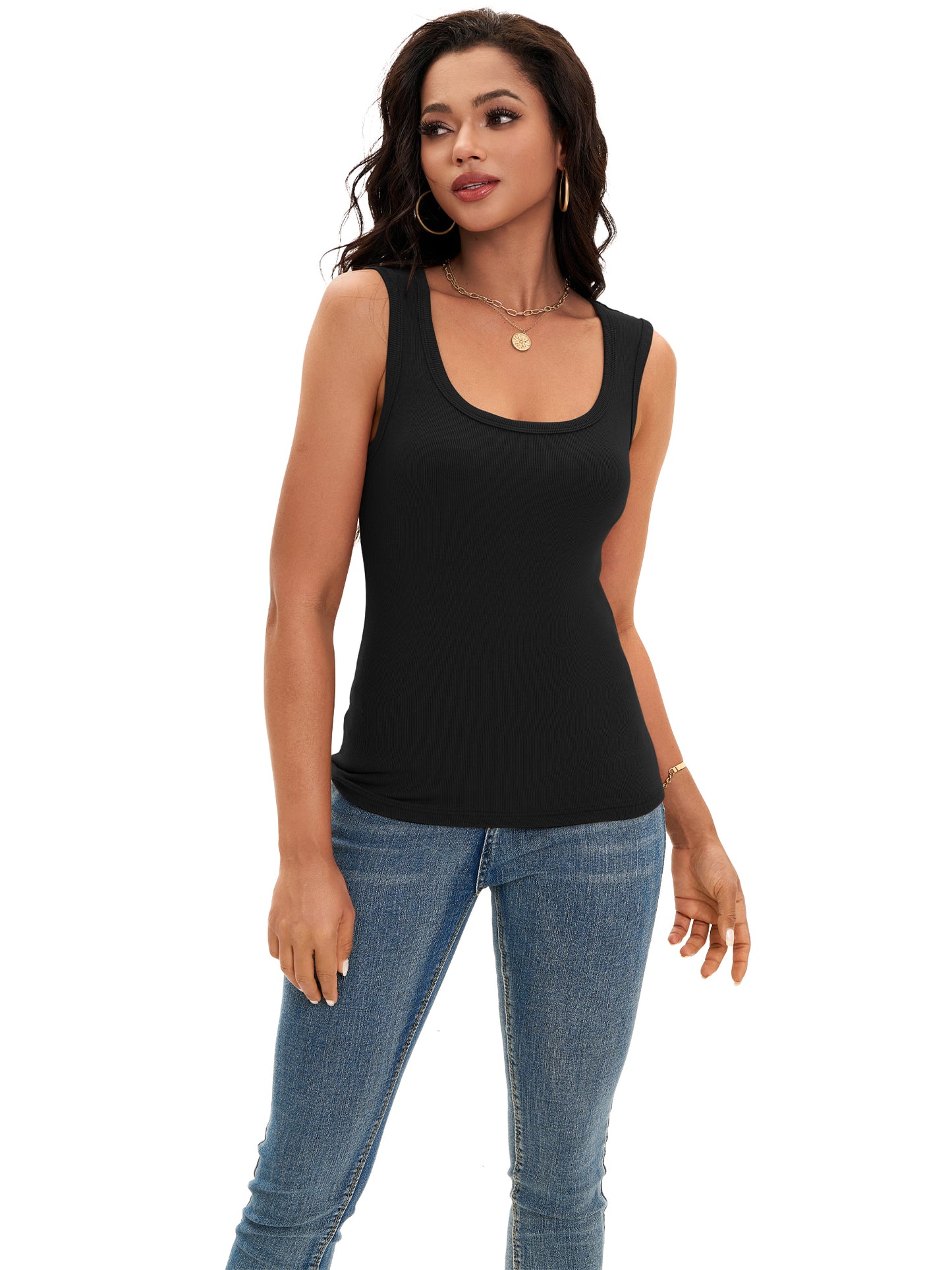 Womens Ribbed Tank Summer Sleeveless Scoop Neck Fitted Basic Casual Top