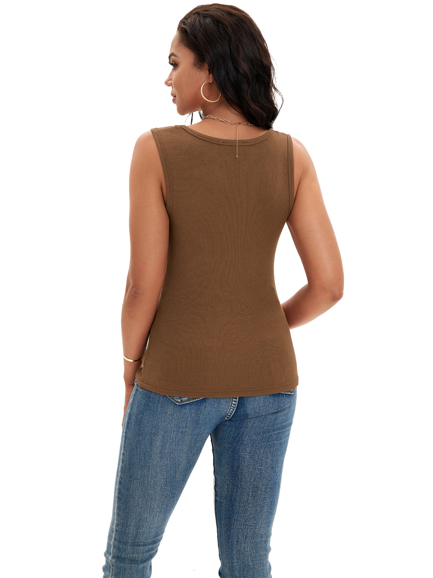 Top informal básico ajustado sin mangas con cuello redondo y canalé para mujer