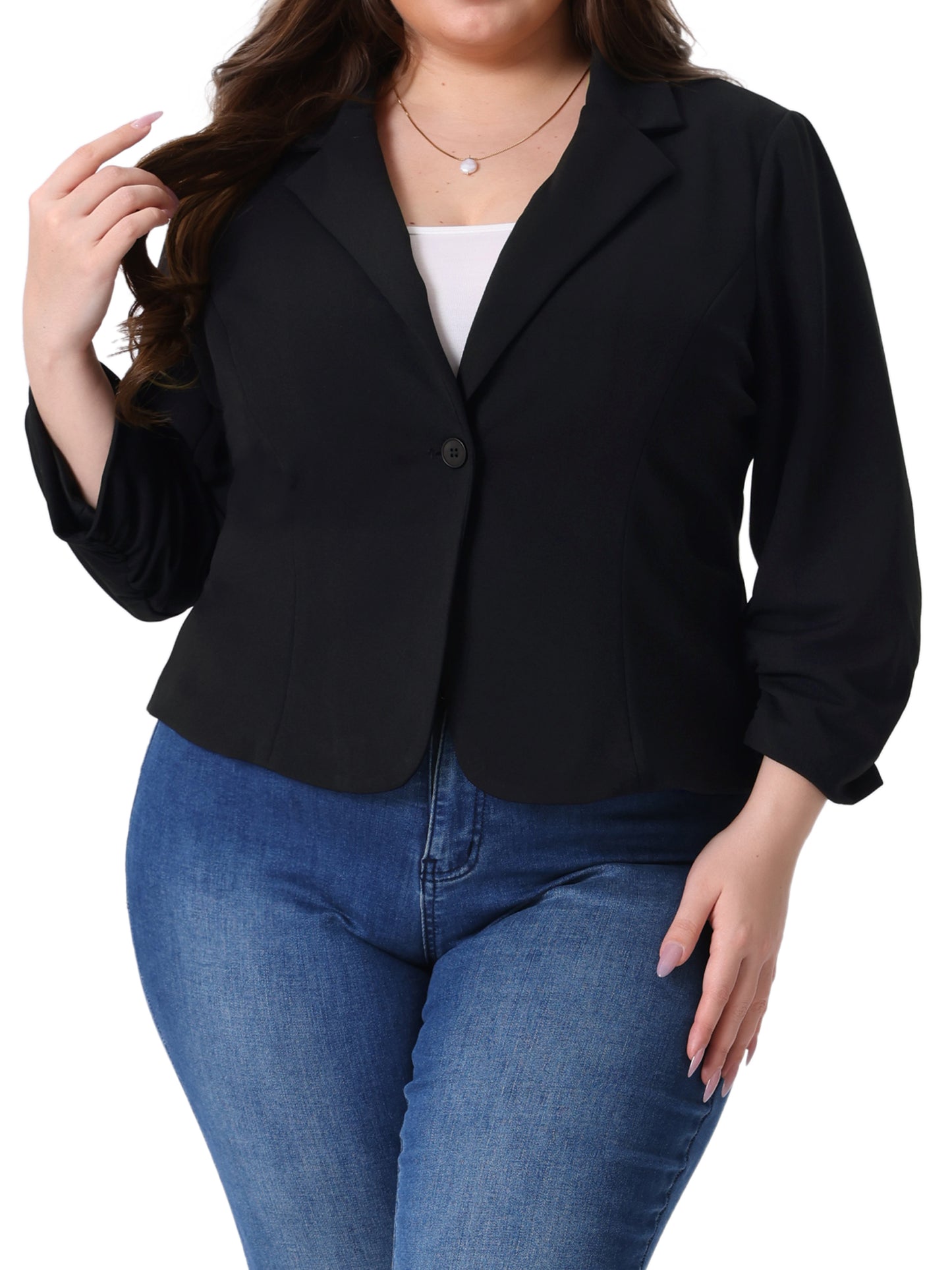 Women Plus Size Casual Blazers 3/4 Ruched Sleeve Notch Lapel Work Office Lightweight Crop Suit Blazer