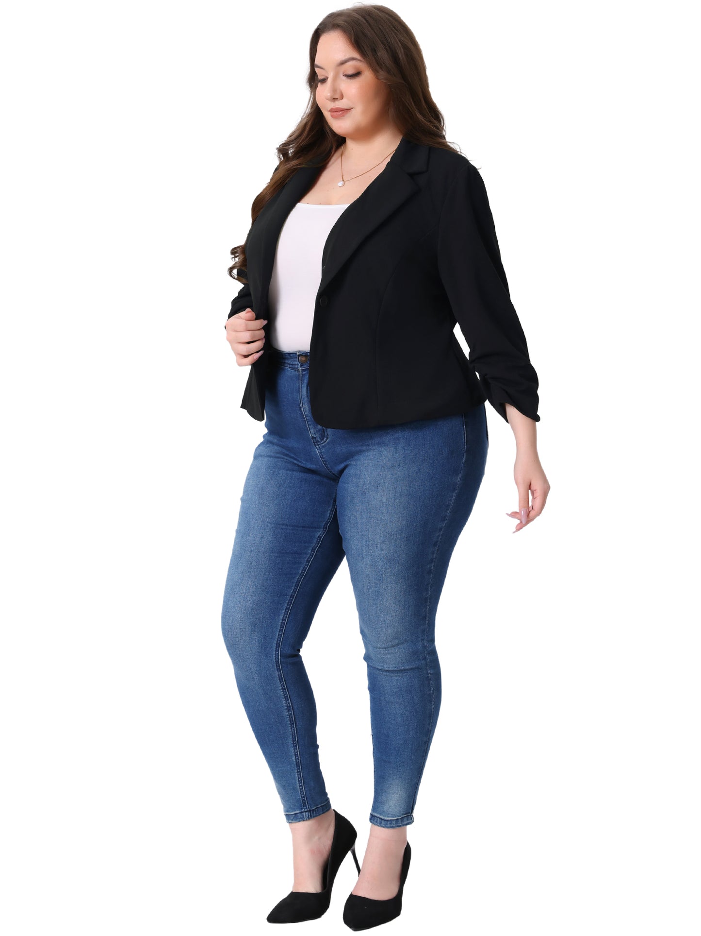 Women Plus Size Casual Blazers 3/4 Ruched Sleeve Notch Lapel Work Office Lightweight Crop Suit Blazer