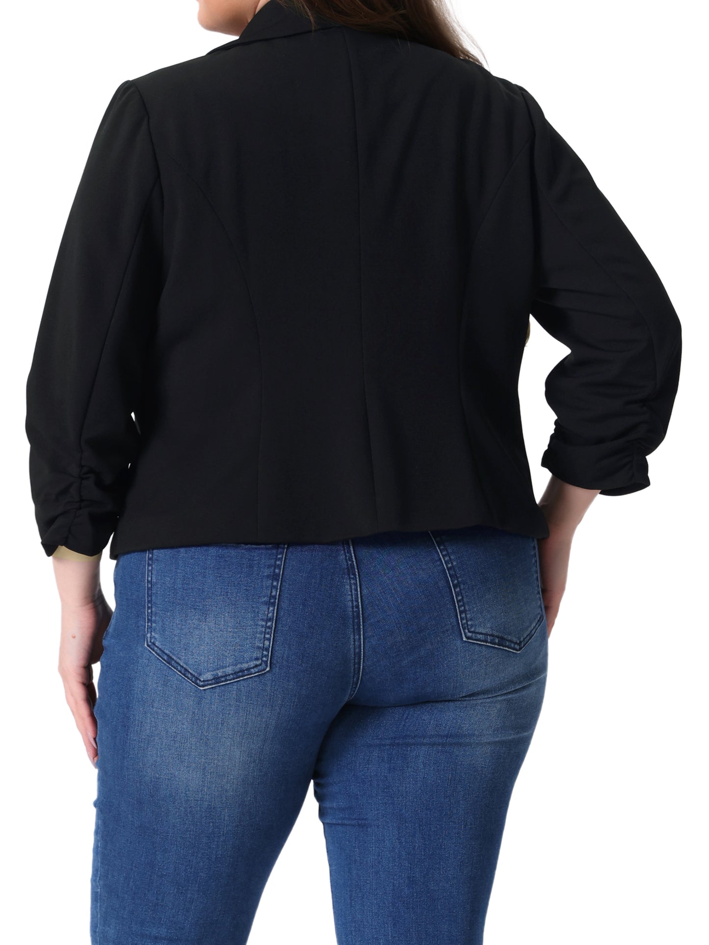 Women Plus Size Casual Blazers 3/4 Ruched Sleeve Notch Lapel Work Office Lightweight Crop Suit Blazer