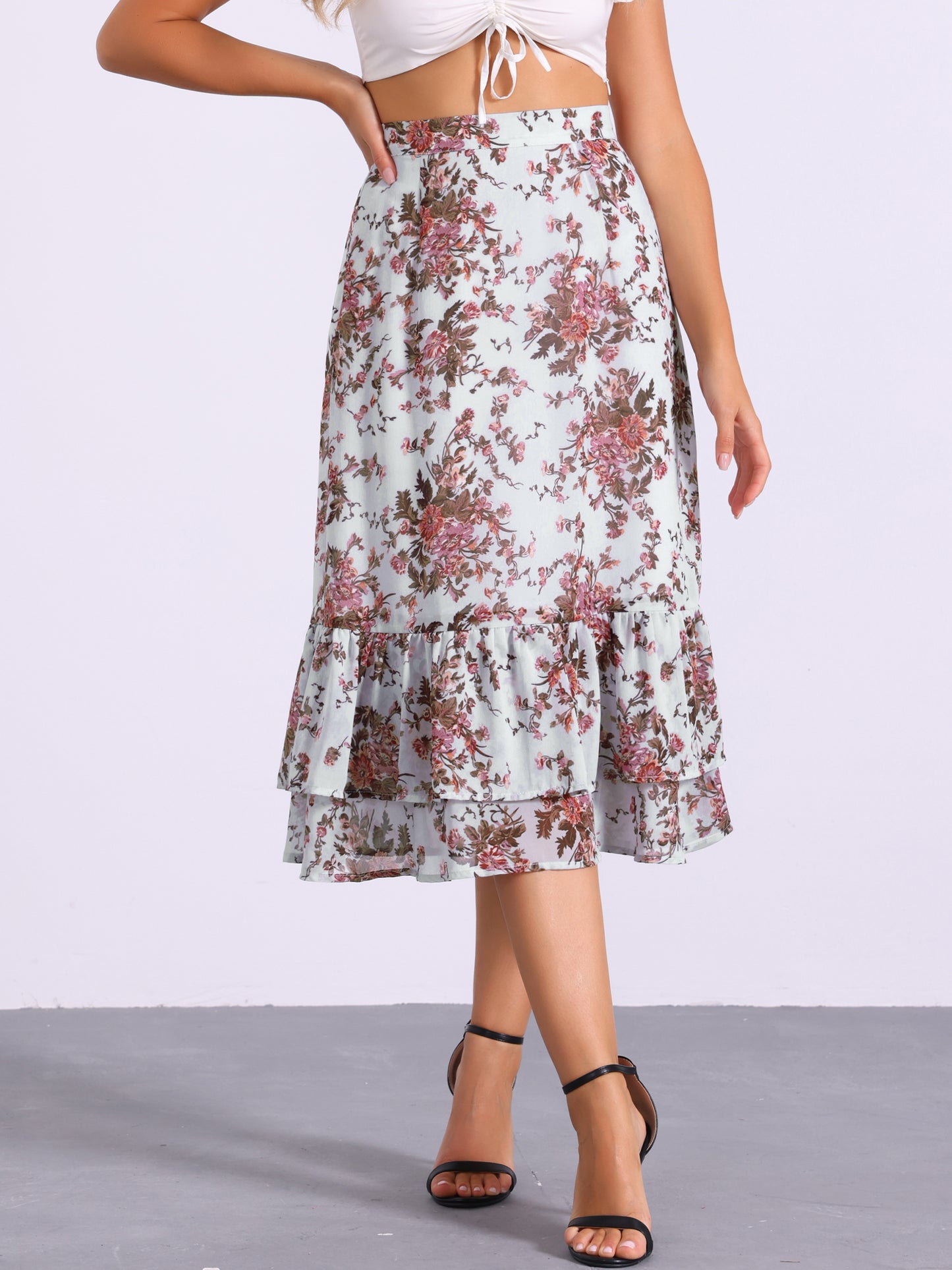 Women's Printed Skirt Summer Chiffon Ruffle Tiered Flowy Midi Skirt