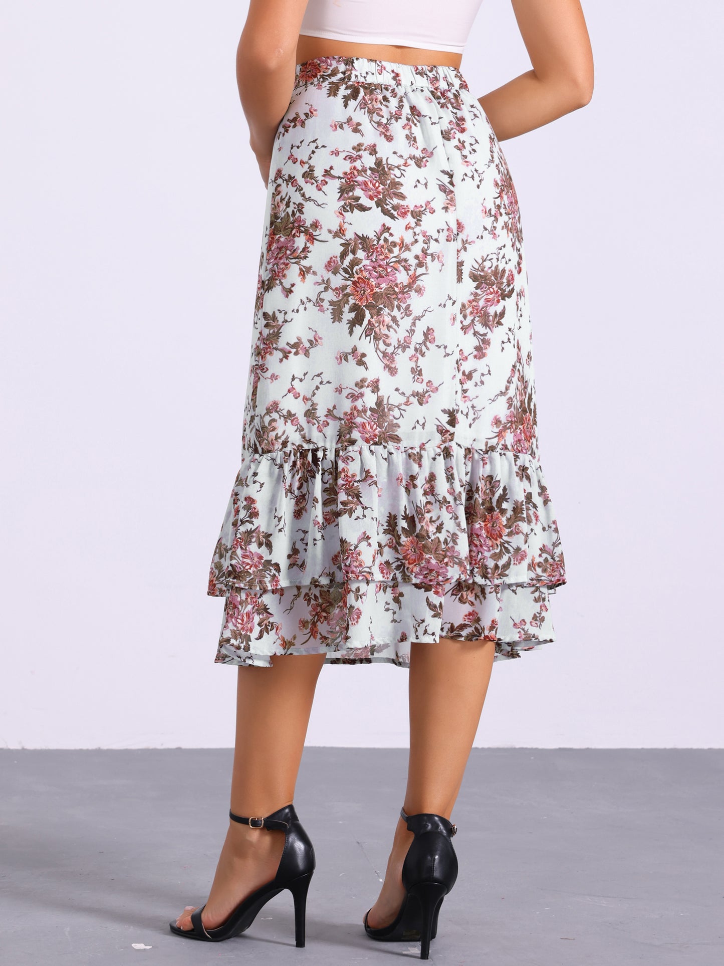 Women's Printed Skirt Summer Chiffon Ruffle Tiered Flowy Midi Skirt