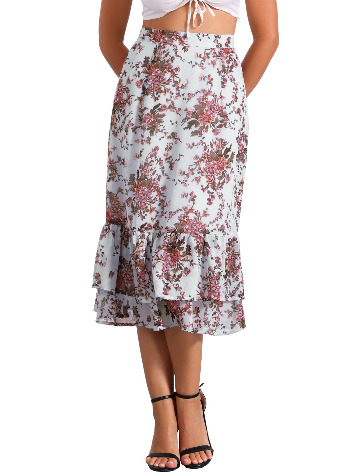 Women's Printed Skirt Summer Chiffon Ruffle Tiered Flowy Midi Skirt
