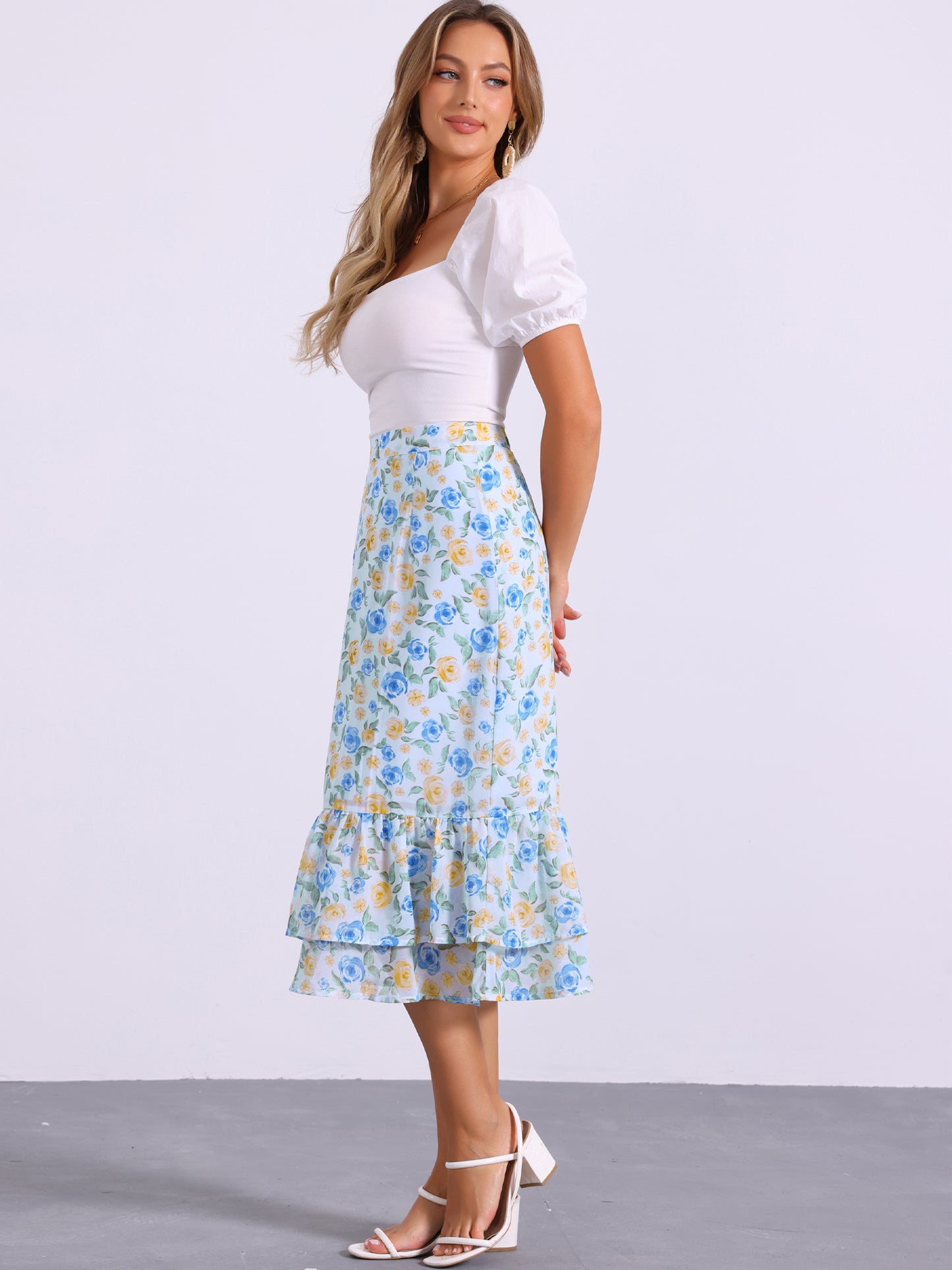 Women's Printed Skirt Summer Chiffon Ruffle Tiered Flowy Midi Skirt