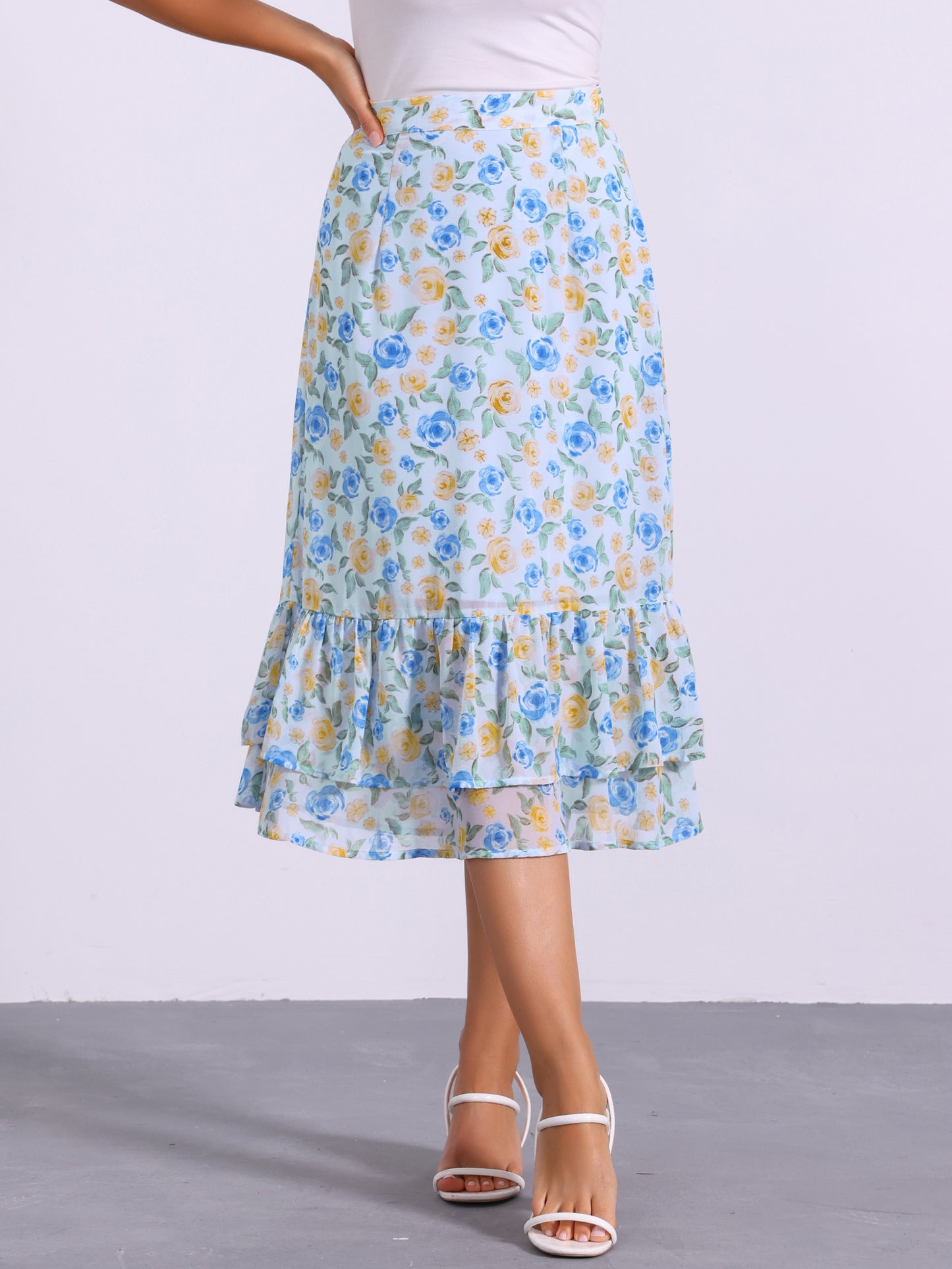 Women's Printed Skirt Summer Chiffon Ruffle Tiered Flowy Midi Skirt