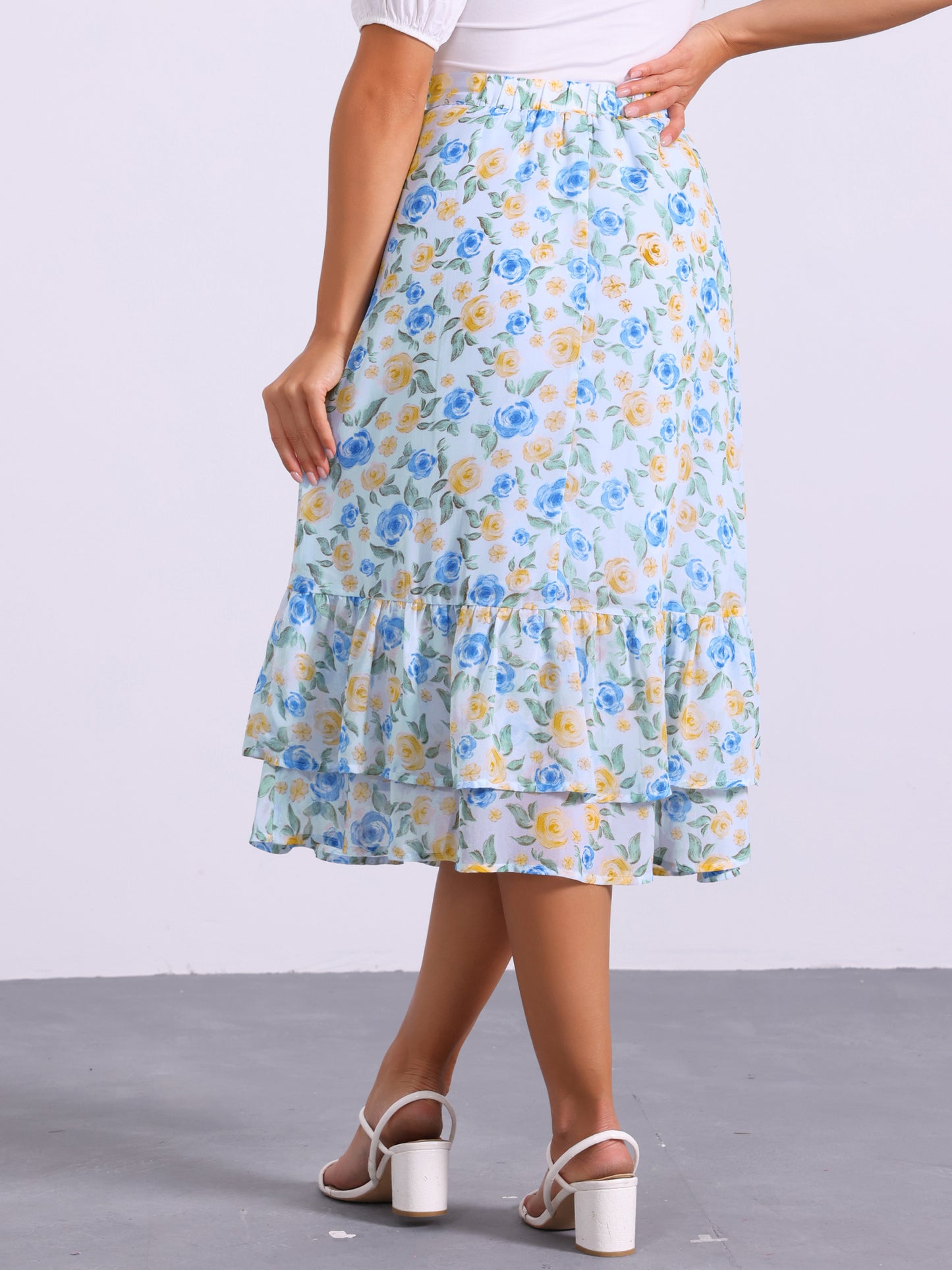 Women's Printed Skirt Summer Chiffon Ruffle Tiered Flowy Midi Skirt
