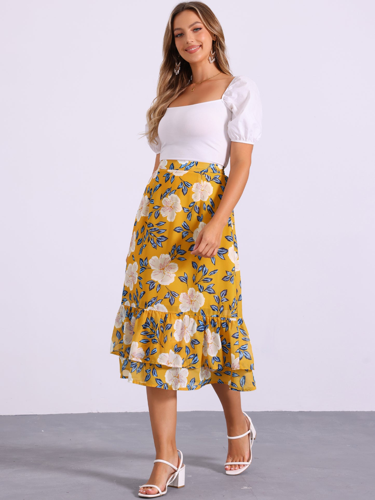 Women's Printed Skirt Summer Chiffon Ruffle Tiered Flowy Midi Skirt