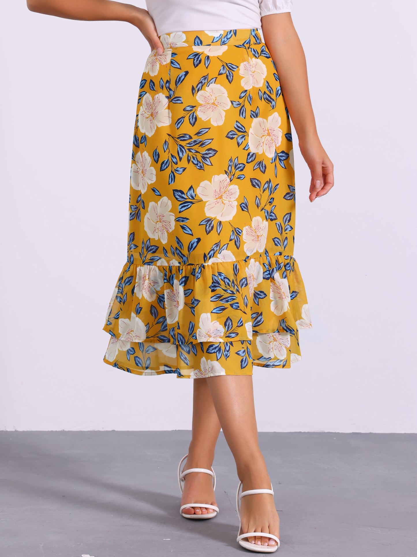 Women's Printed Skirt Summer Chiffon Ruffle Tiered Flowy Midi Skirt