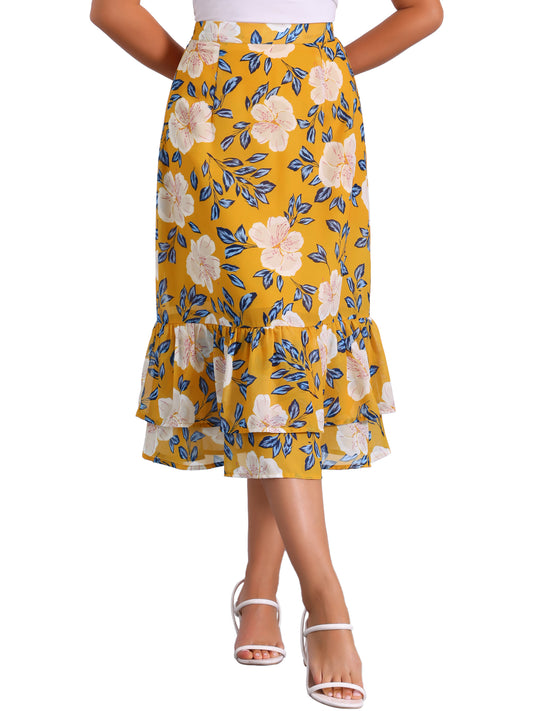 Falda midi holgada de gasa con volantes y estampado de verano para mujer