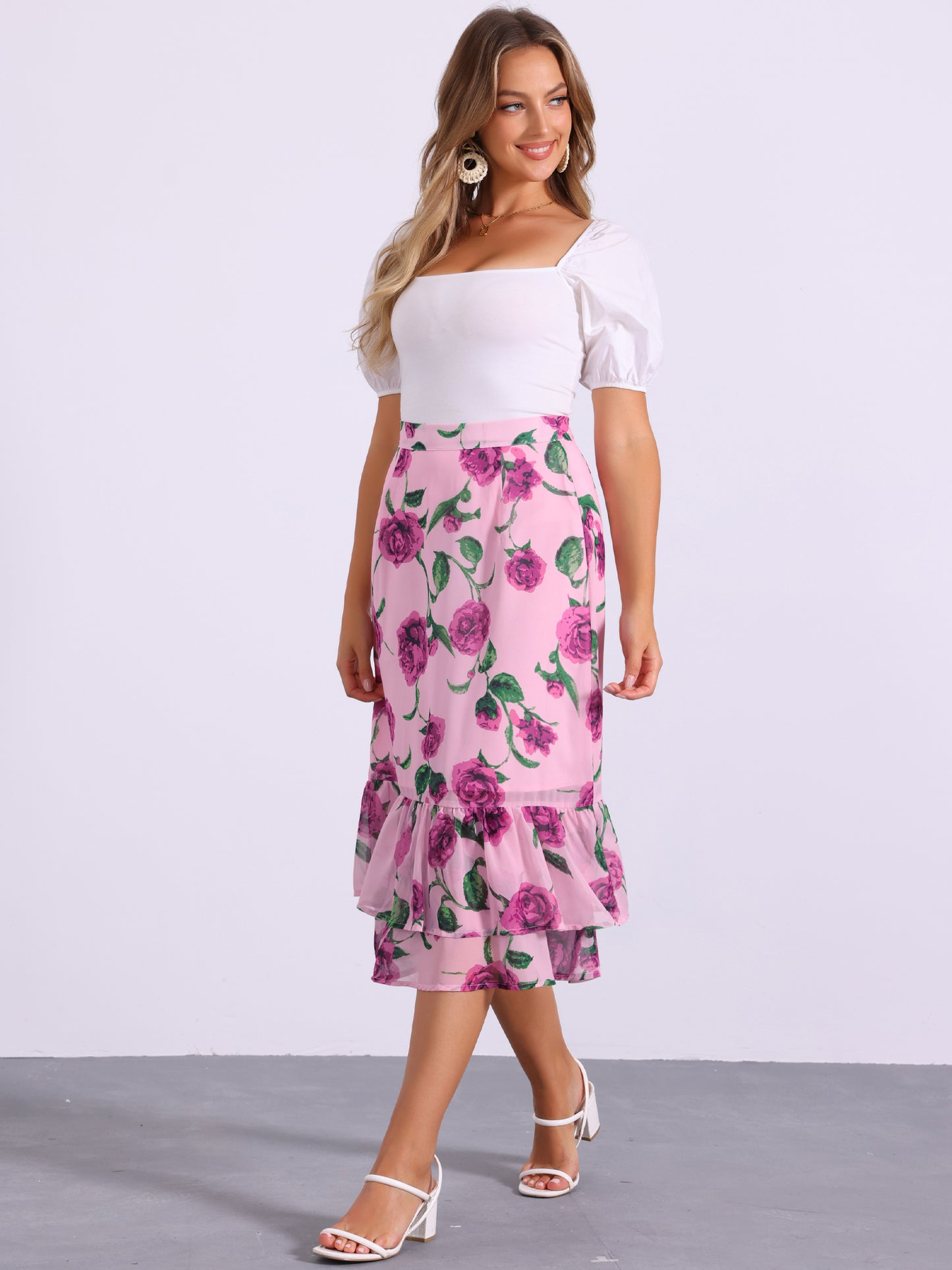 Falda midi holgada de gasa con volantes y estampado de verano para mujer