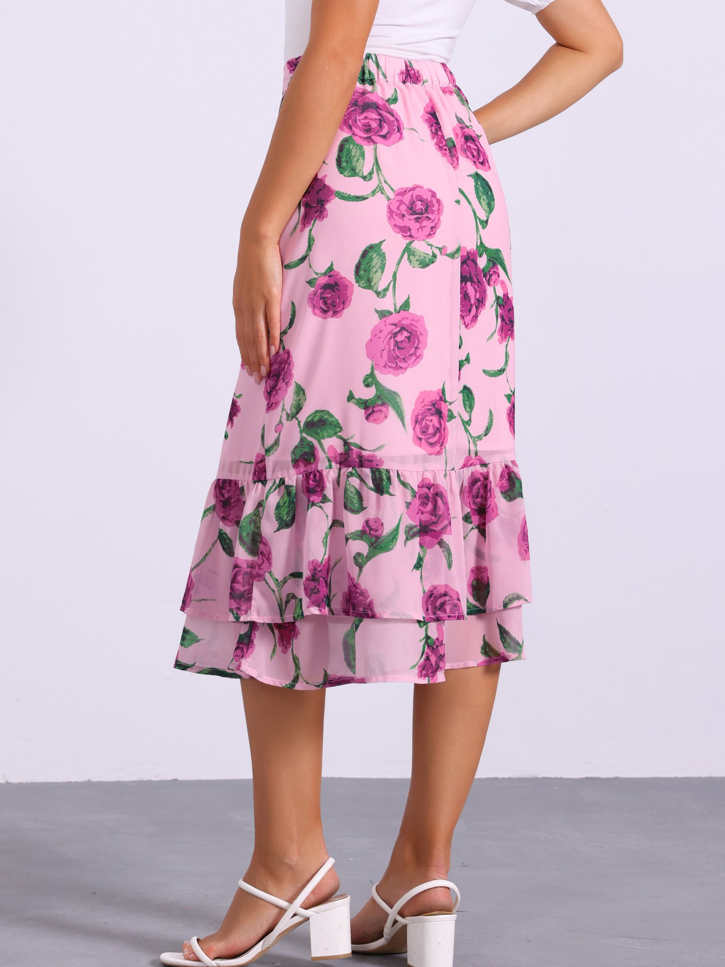 Falda midi holgada de gasa con volantes y estampado de verano para mujer