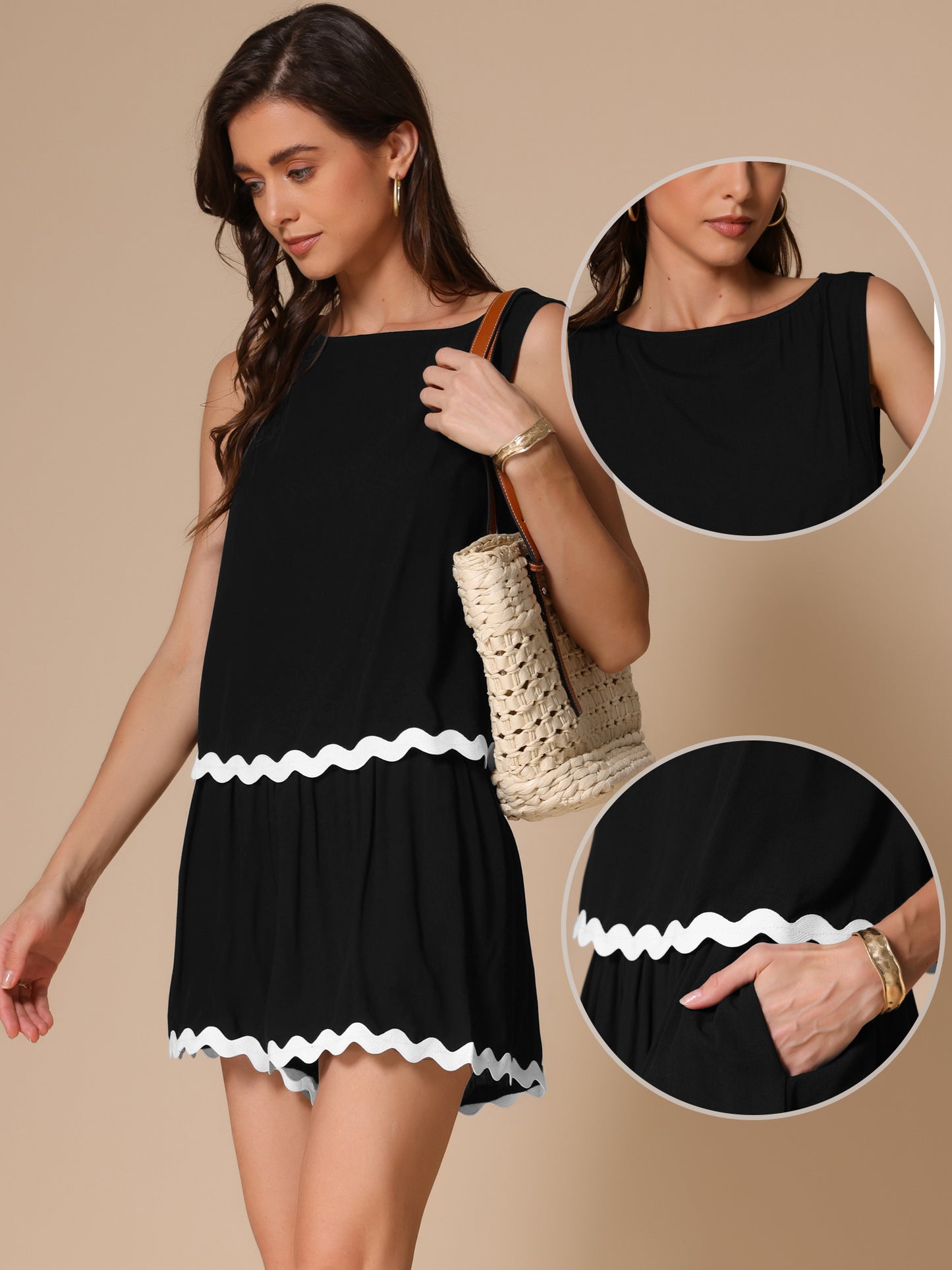 Women's Summer 2 Piece Contrast Trim Tank Top and Shorts Set