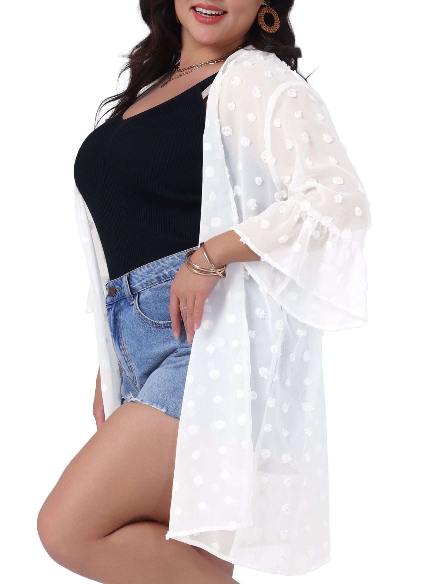 Women's Plus Size Summer Kimono Cardigans Half Sleeve Shrugs Open Front Casual Chiffon Top