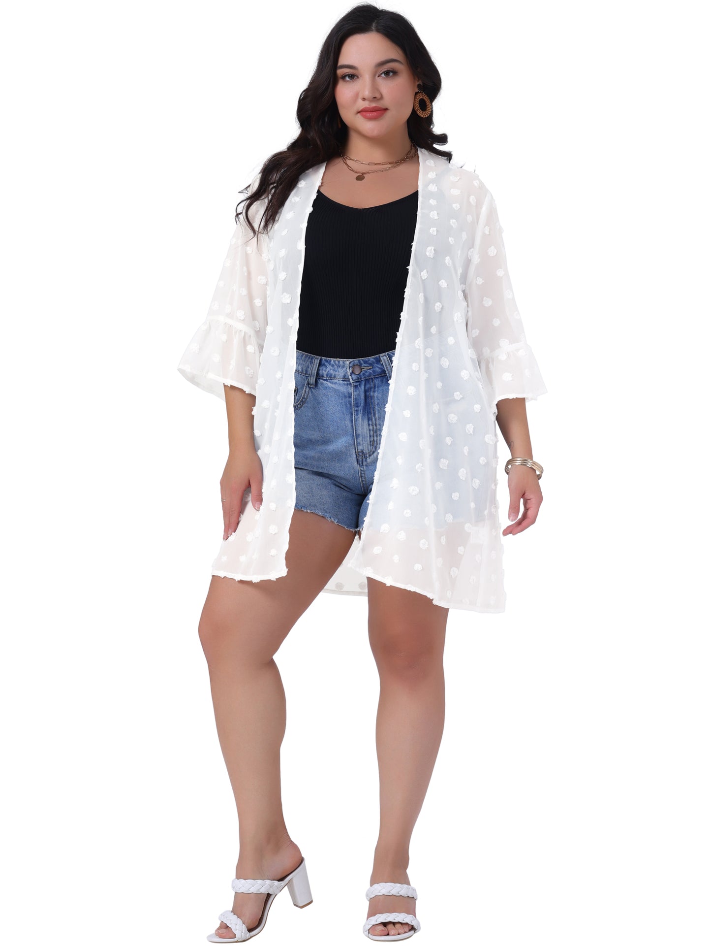 Women's Plus Size Summer Kimono Cardigans Half Sleeve Shrugs Open Front Casual Chiffon Top