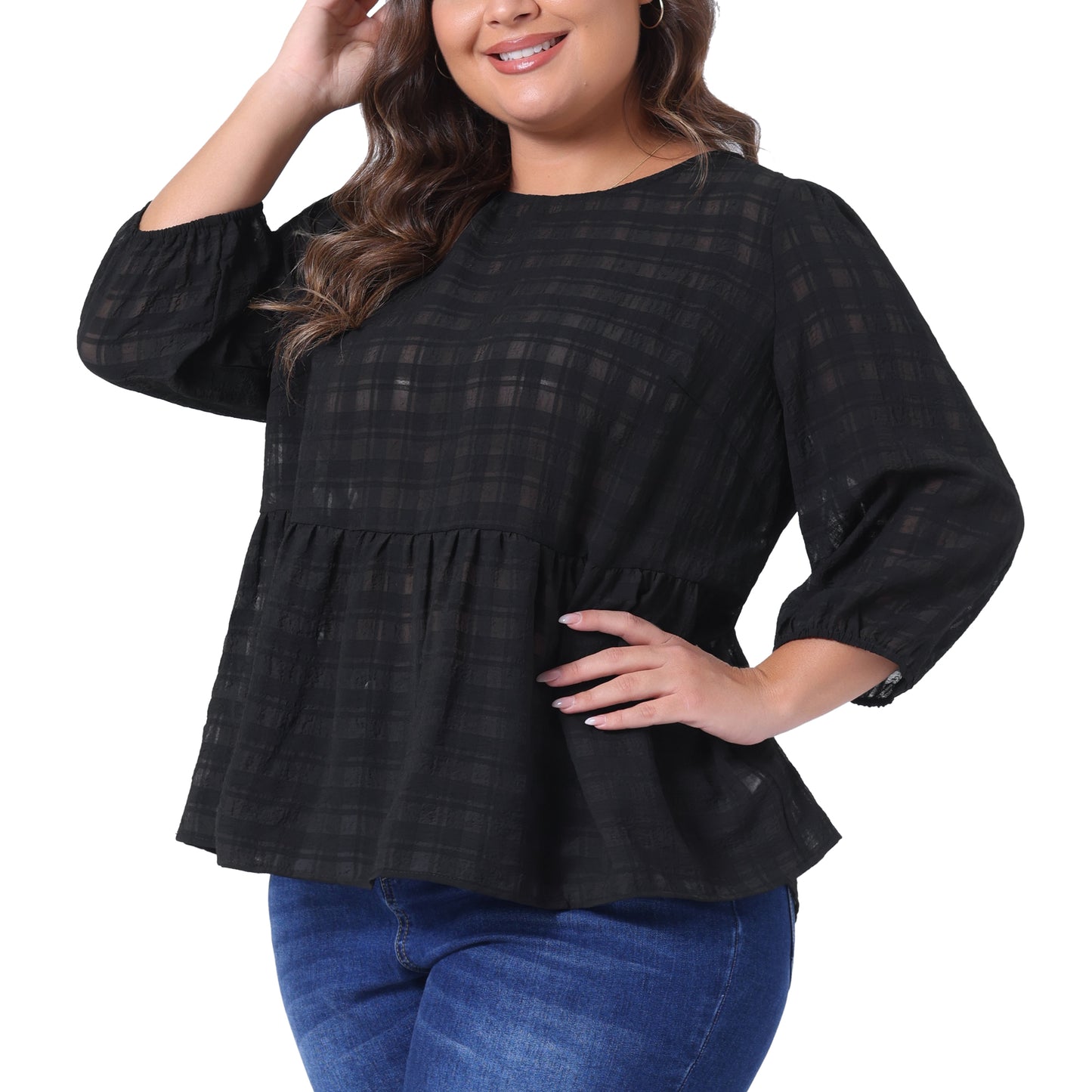 Women Plus Size Babydoll Blouse Round Neck 3/4 Puff Sleeve Tiered Lace Peplum Top