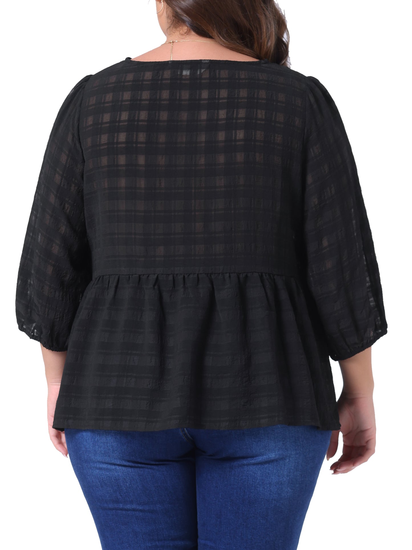 Women Plus Size Babydoll Blouse Round Neck 3/4 Puff Sleeve Tiered Lace Peplum Top