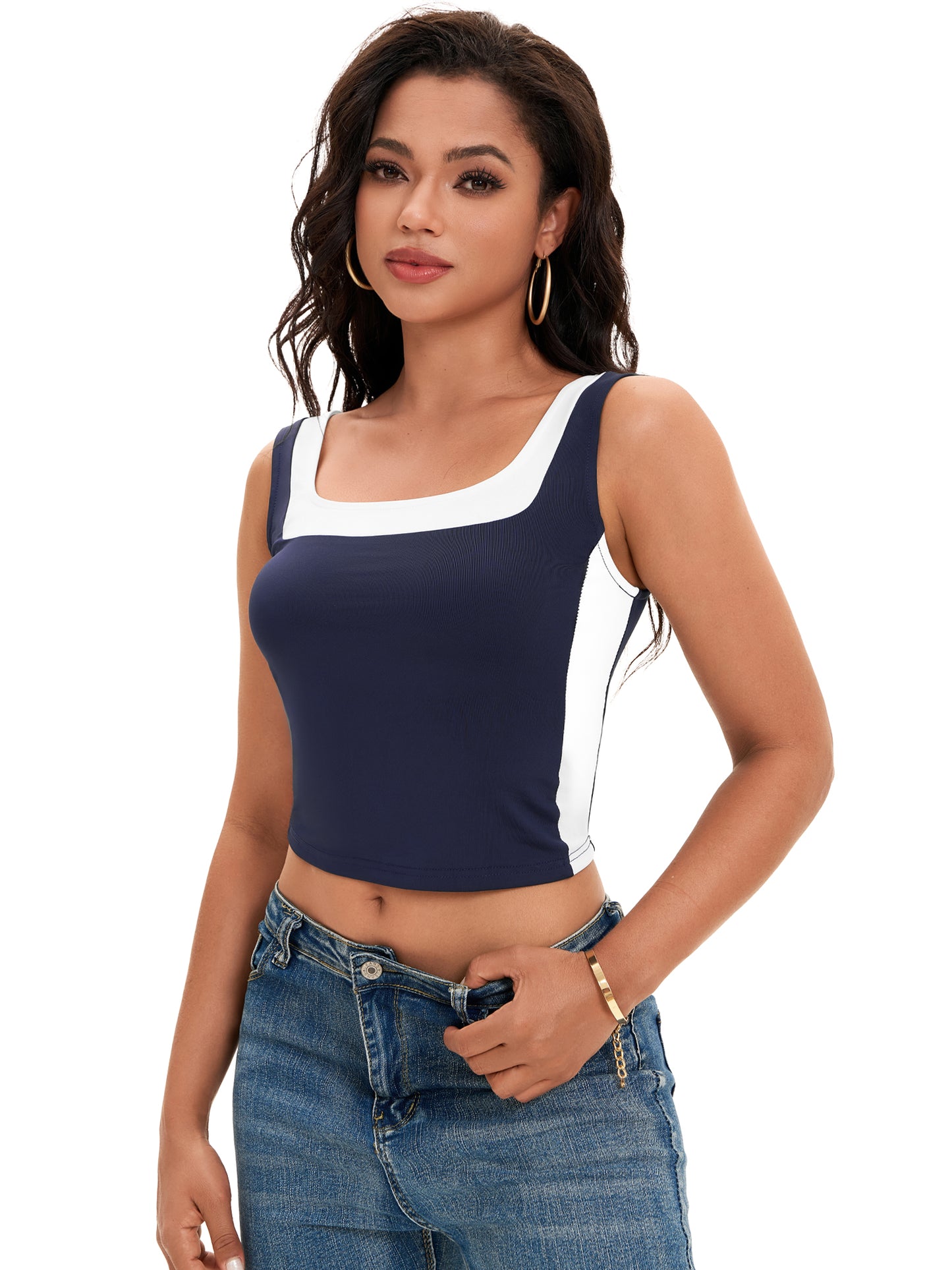 Top corto sin mangas con cuello cuadrado para mujer, corte ajustado, camiseta sin mangas con bloques de color