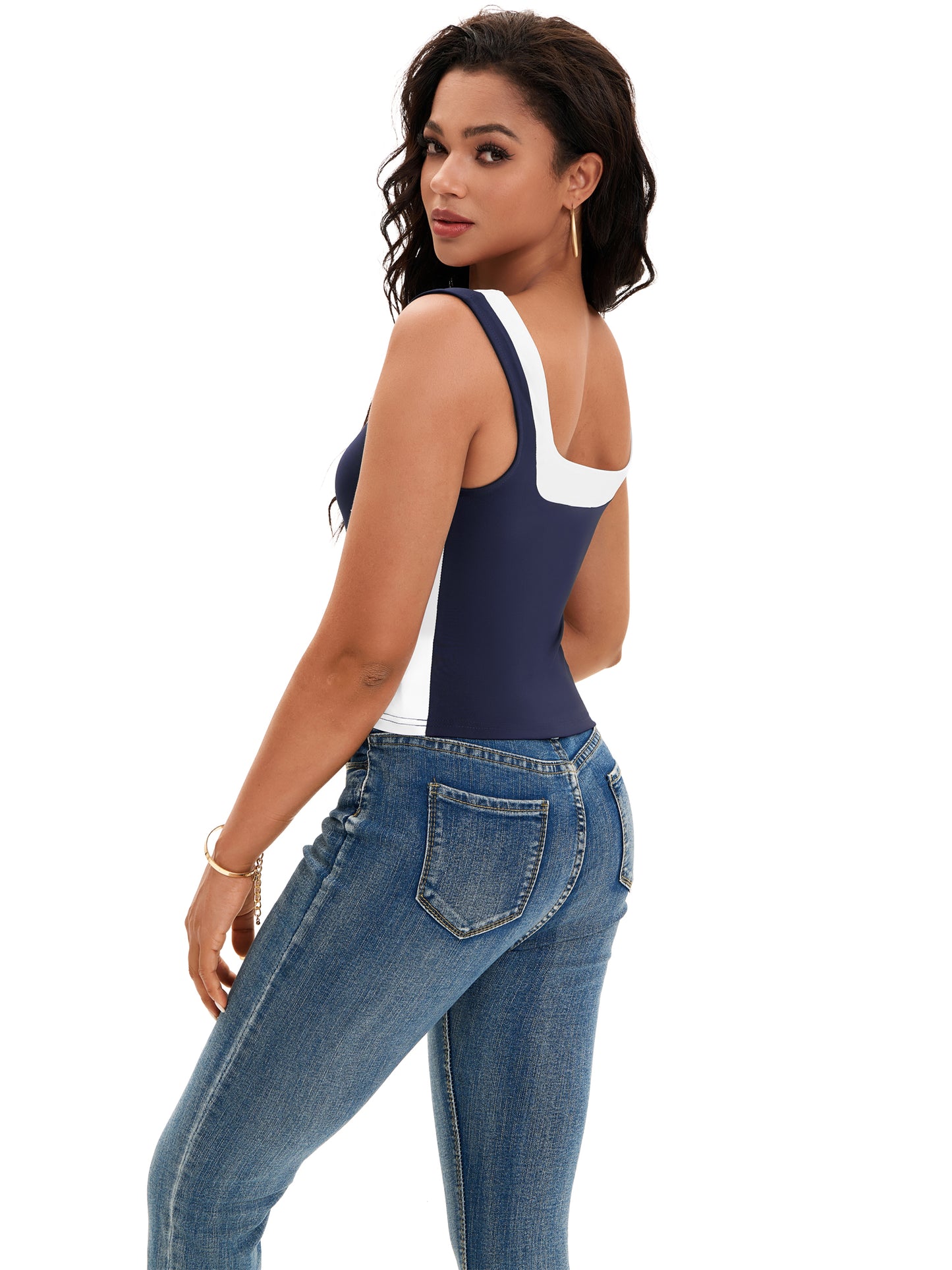 Top corto sin mangas con cuello cuadrado para mujer, corte ajustado, camiseta sin mangas con bloques de color