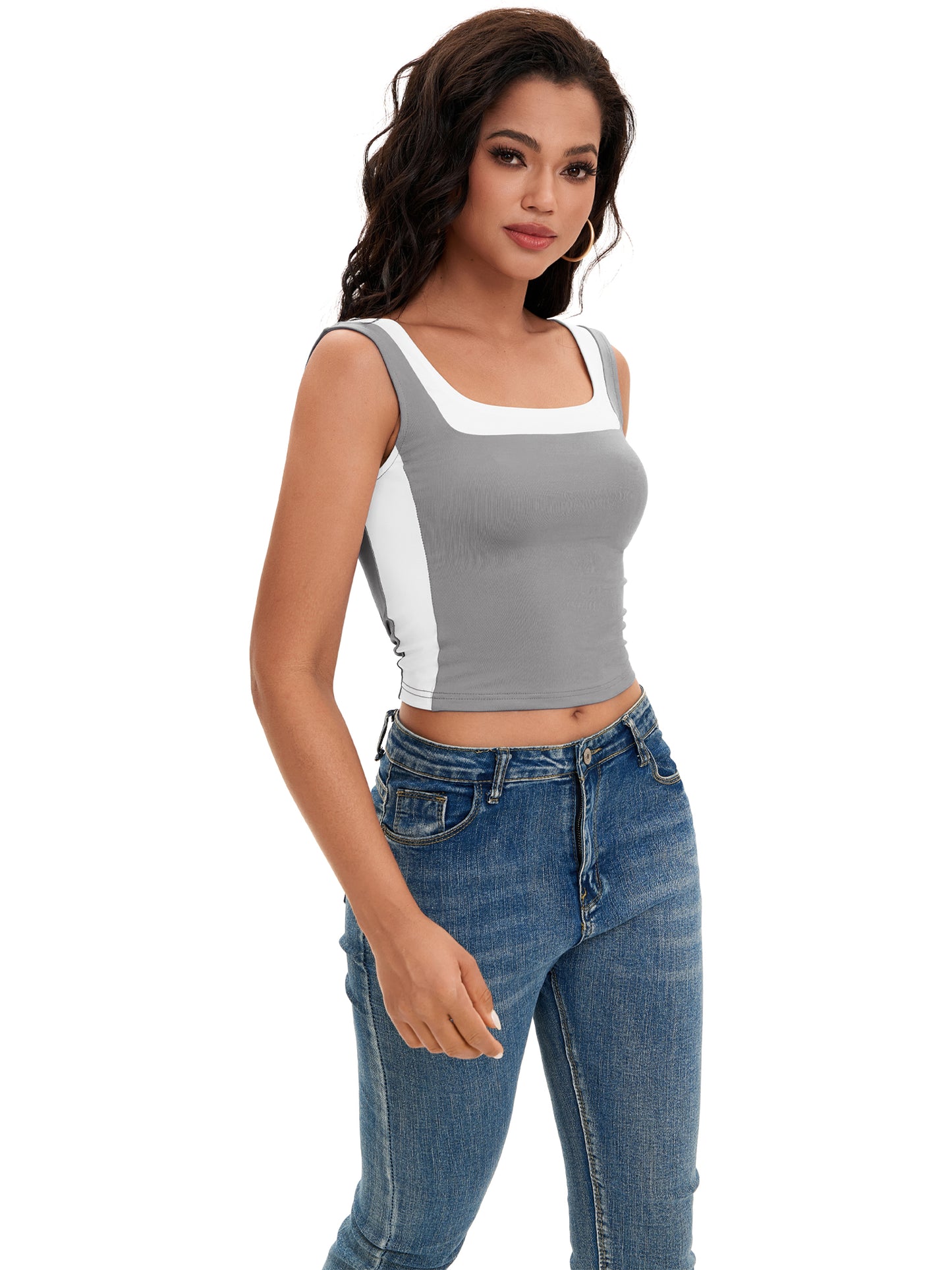 Top corto sin mangas con cuello cuadrado para mujer, corte ajustado, camiseta sin mangas con bloques de color