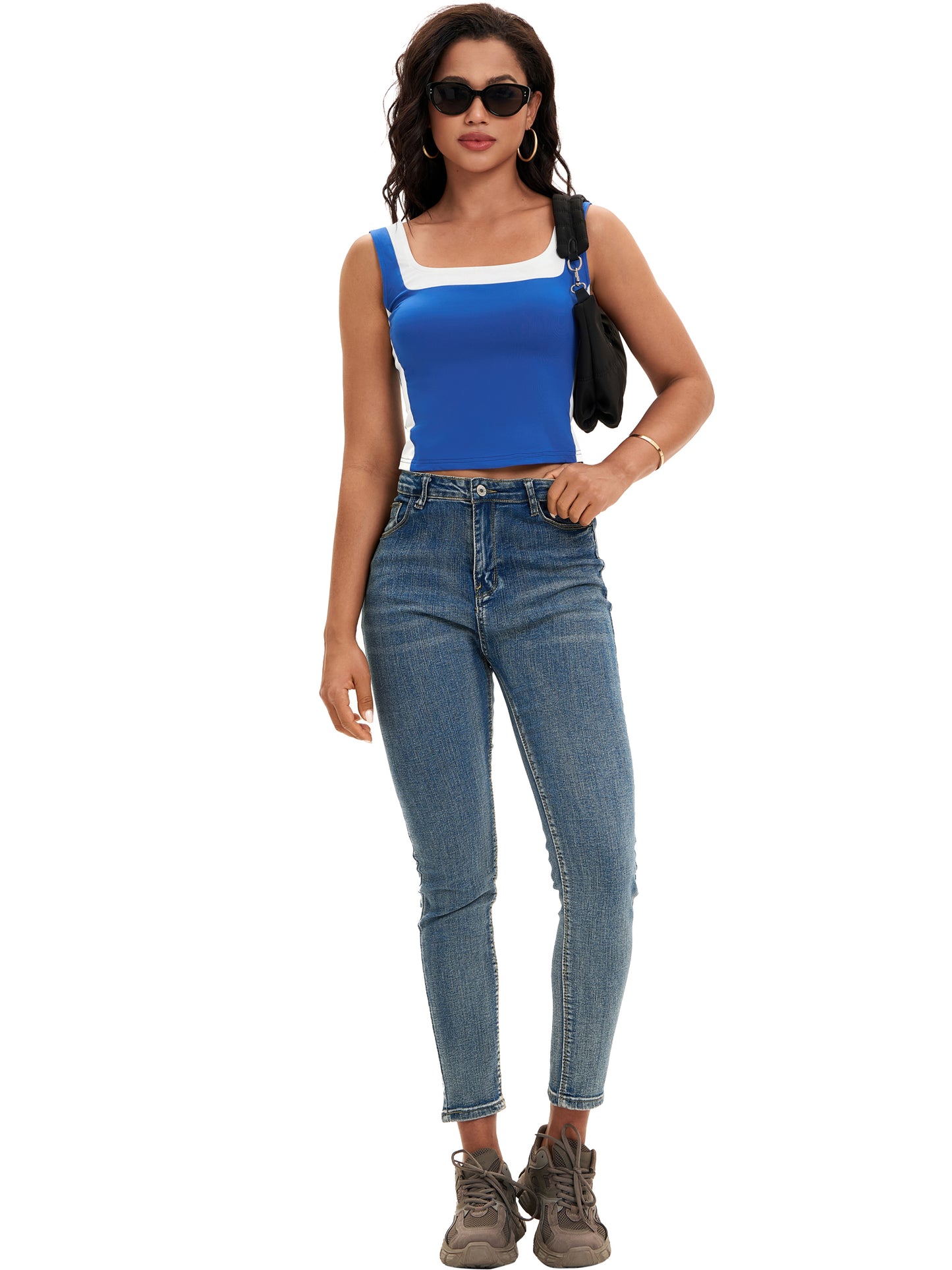 Women Sleeveless Square Neck Crop Top Slim Fit Color Block Tank Top