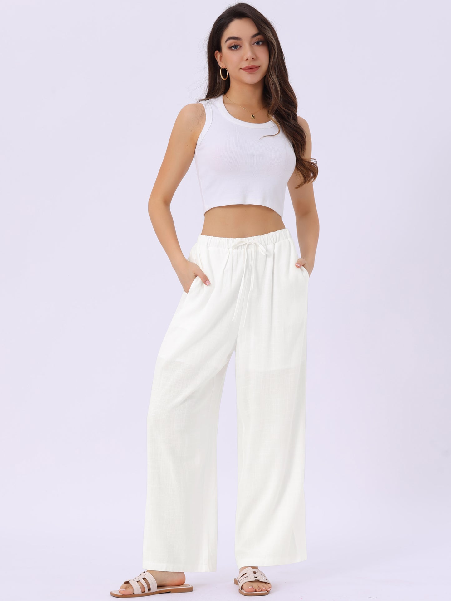 Pantalones Palazzo de lino para mujer, holgados, de pierna ancha, informales, para playa, con bolsillos, para verano