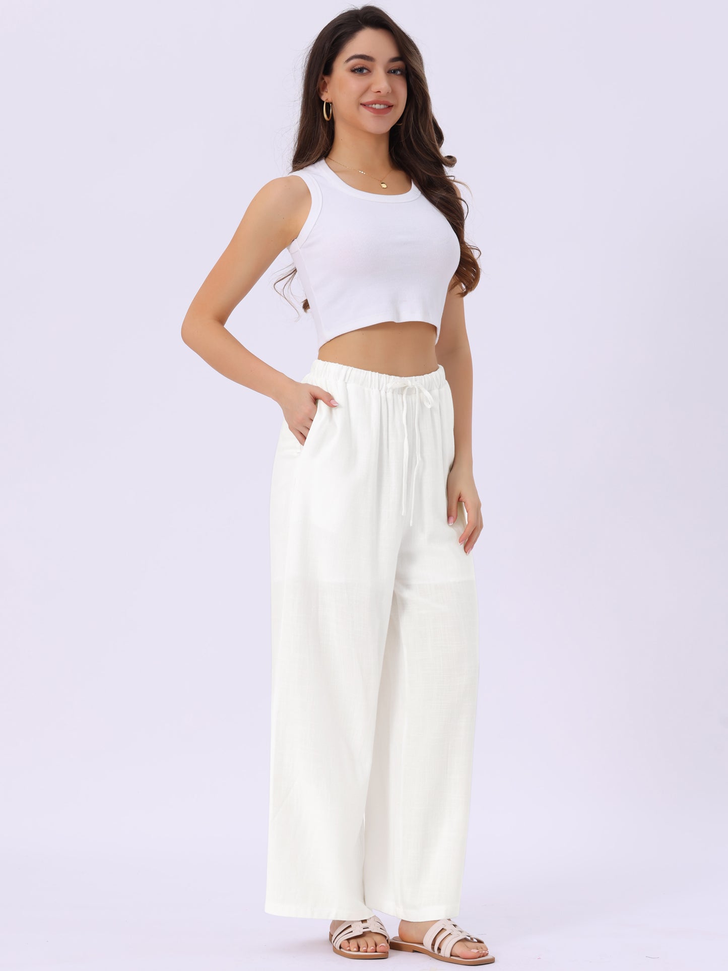 Pantalones Palazzo de lino para mujer, holgados, de pierna ancha, informales, para playa, con bolsillos, para verano