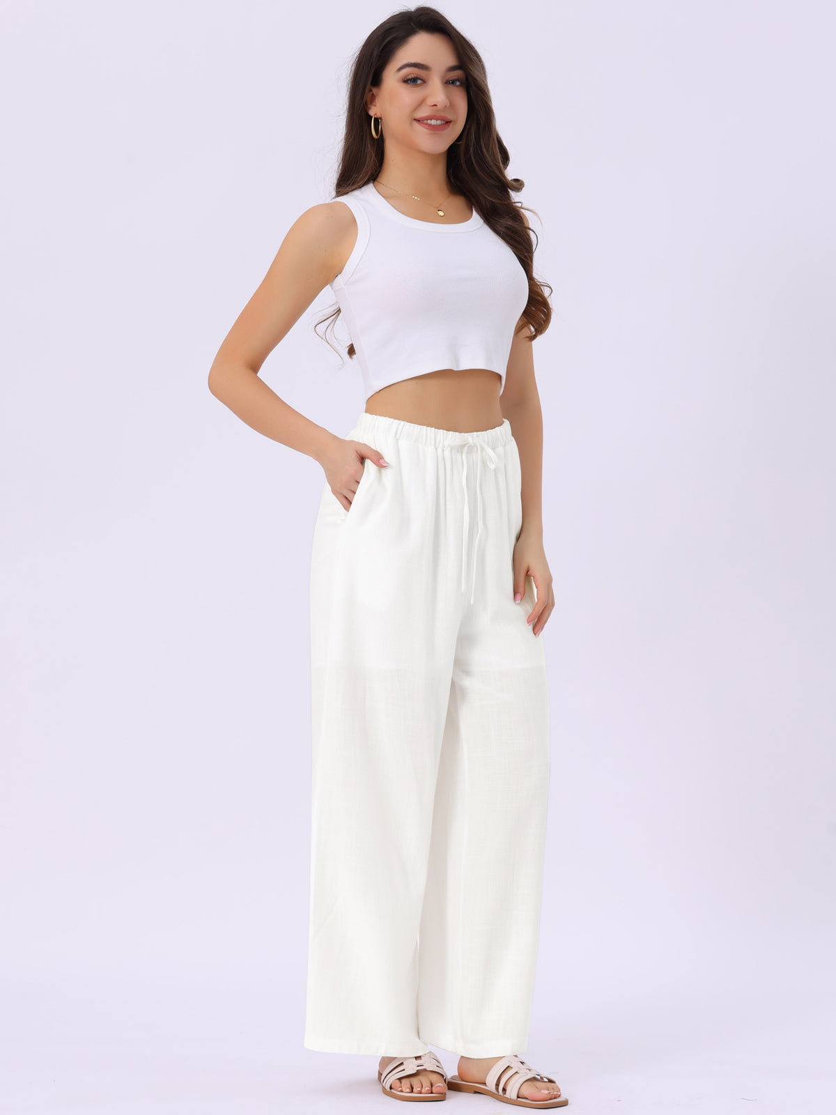 Women's Linen Palazzo Pants Summer Flowy Wide Leg Casual Vacaction Beach Trousers with Pockets