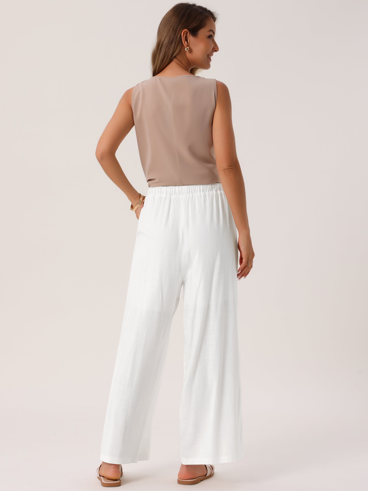 Pantalones Palazzo de lino para mujer, holgados, de pierna ancha, informales, para playa, con bolsillos, para verano