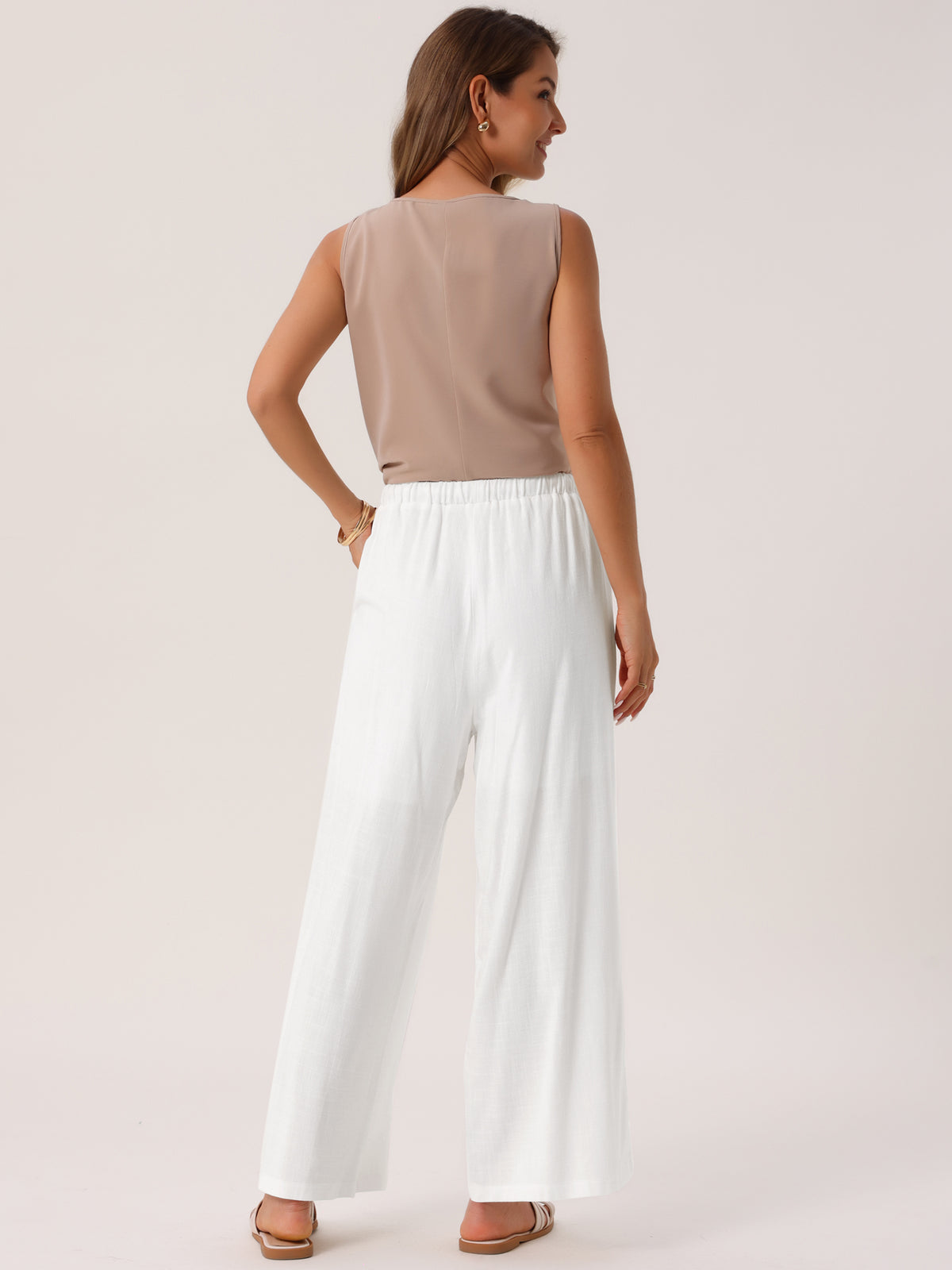 Women's Linen Palazzo Pants Summer Flowy Wide Leg Casual Vacaction Beach Trousers with Pockets