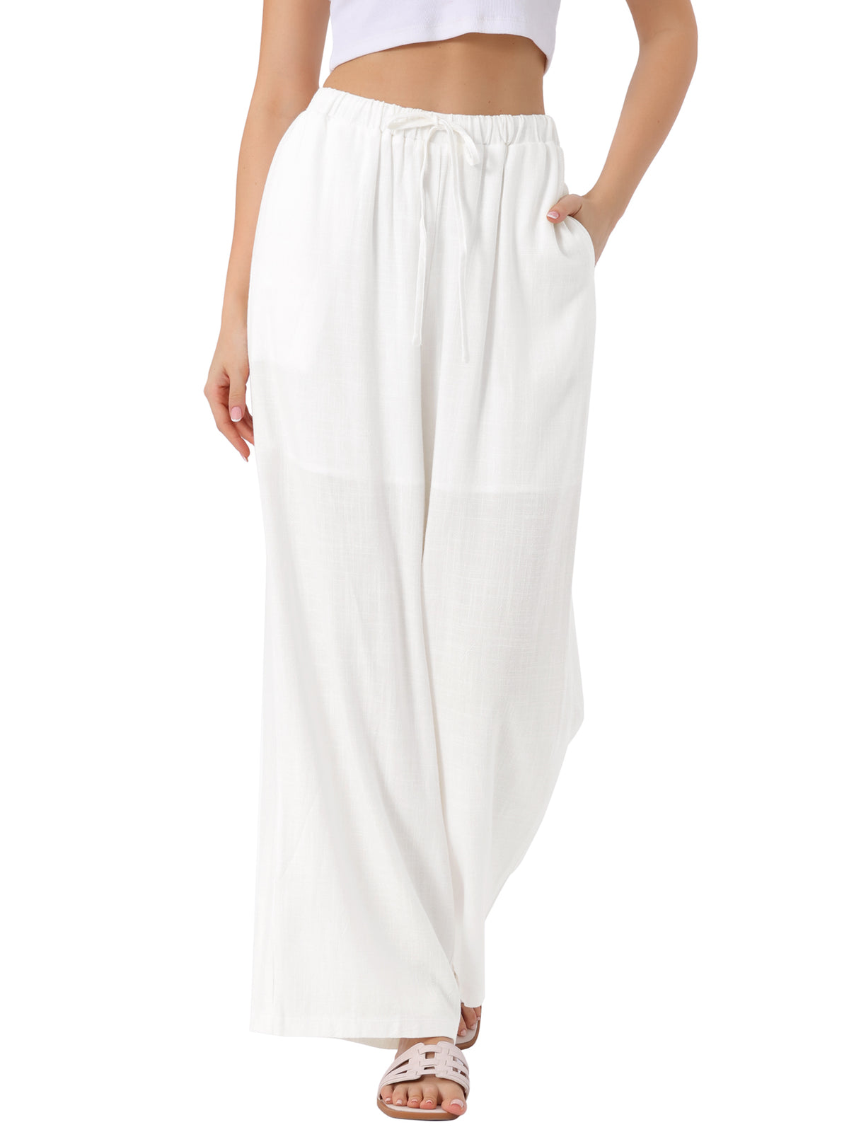 Women's Linen Palazzo Pants Summer Flowy Wide Leg Casual Vacaction Beach Trousers with Pockets