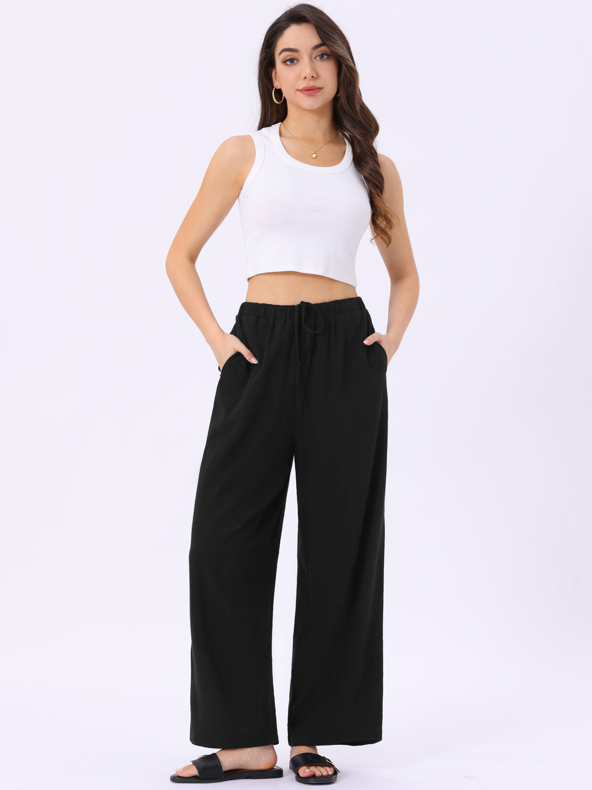 Women's Linen Palazzo Pants Summer Flowy Wide Leg Casual Vacaction Beach Trousers with Pockets